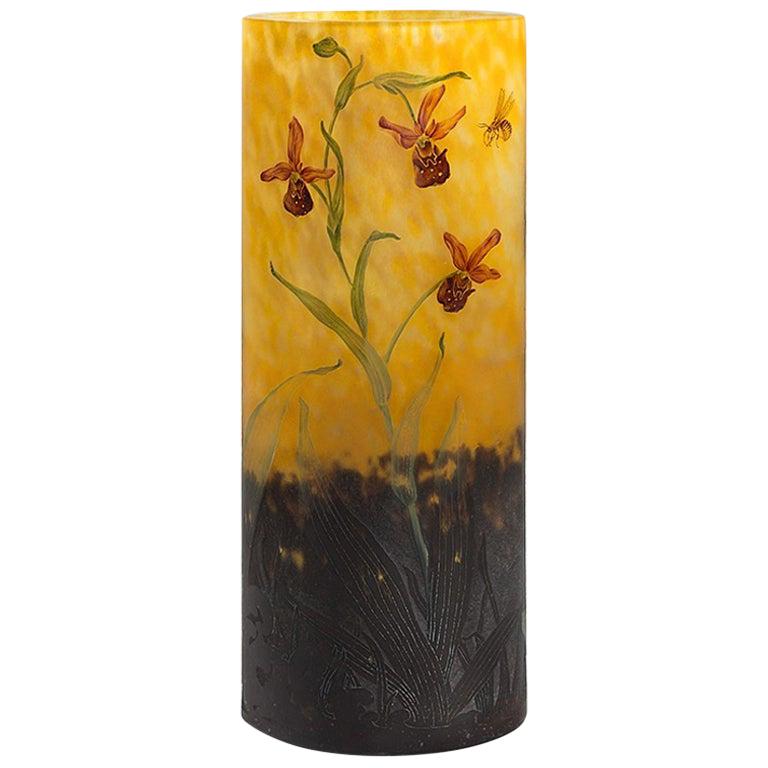 Daum Nancy Enameled and Etched Orchid Landscape Glass Vase