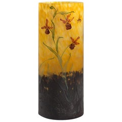 Antique Daum Nancy Enameled and Etched Orchid Landscape Glass Vase