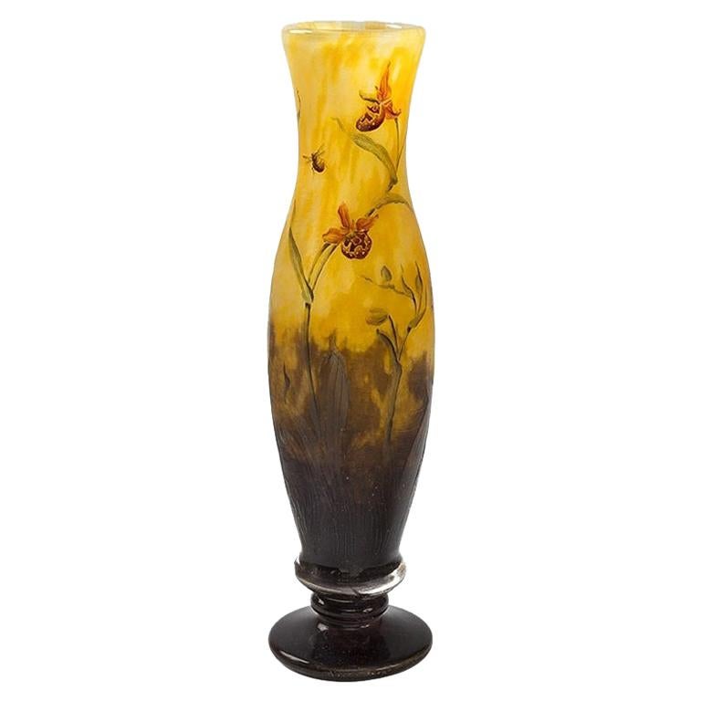 Daum Nancy Enameled and Etched Orchid Landscape Glass Vase For Sale