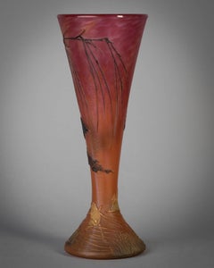 Daum Nancy Enameled Cameo Glass Black Crow and Frog Vase, circa 1900