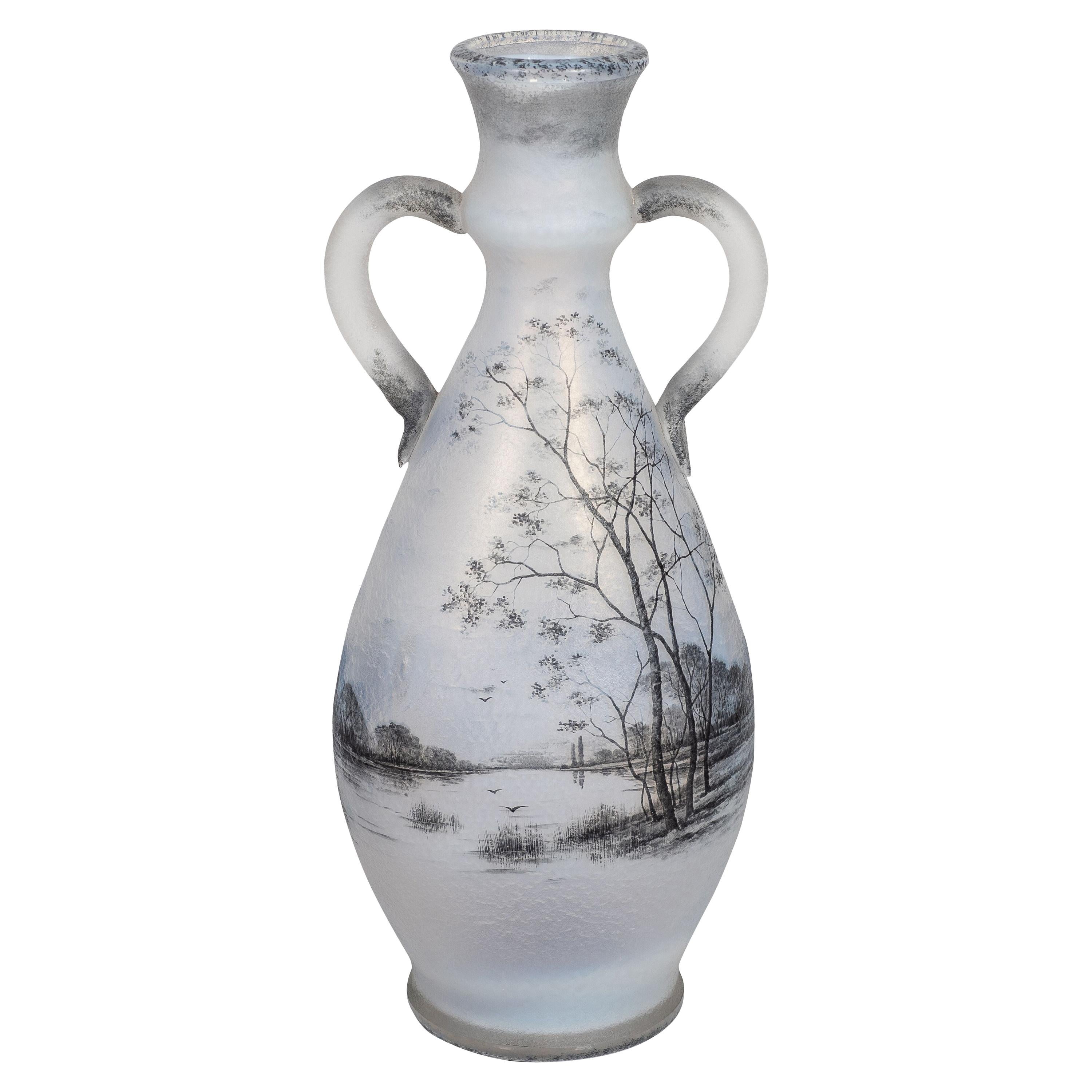 Daum Nancy Enameled Opalescent Glass Two-Handled "Dutch Landscape" Vase For Sale