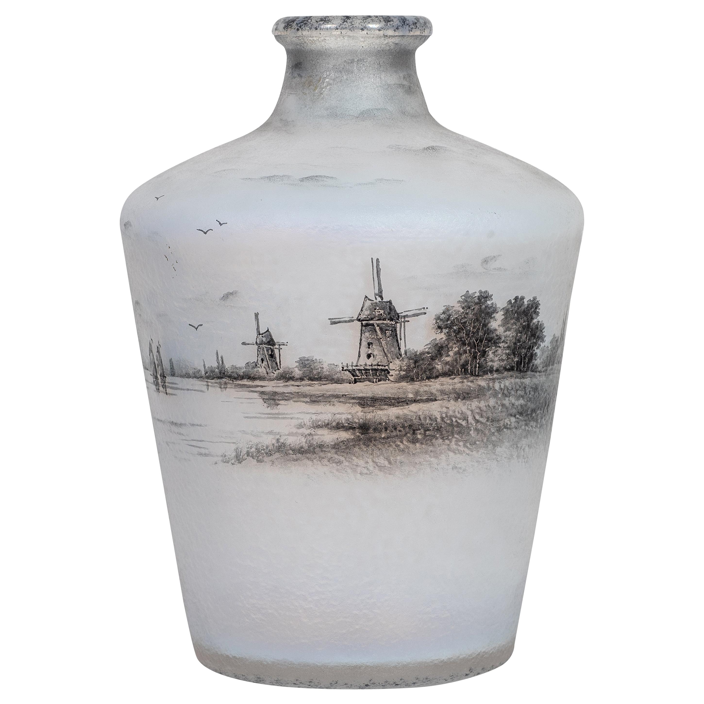 Daum Nancy Enameled and Acid Etched Decorated Glass Decanter, "Dutch Landscape" For Sale