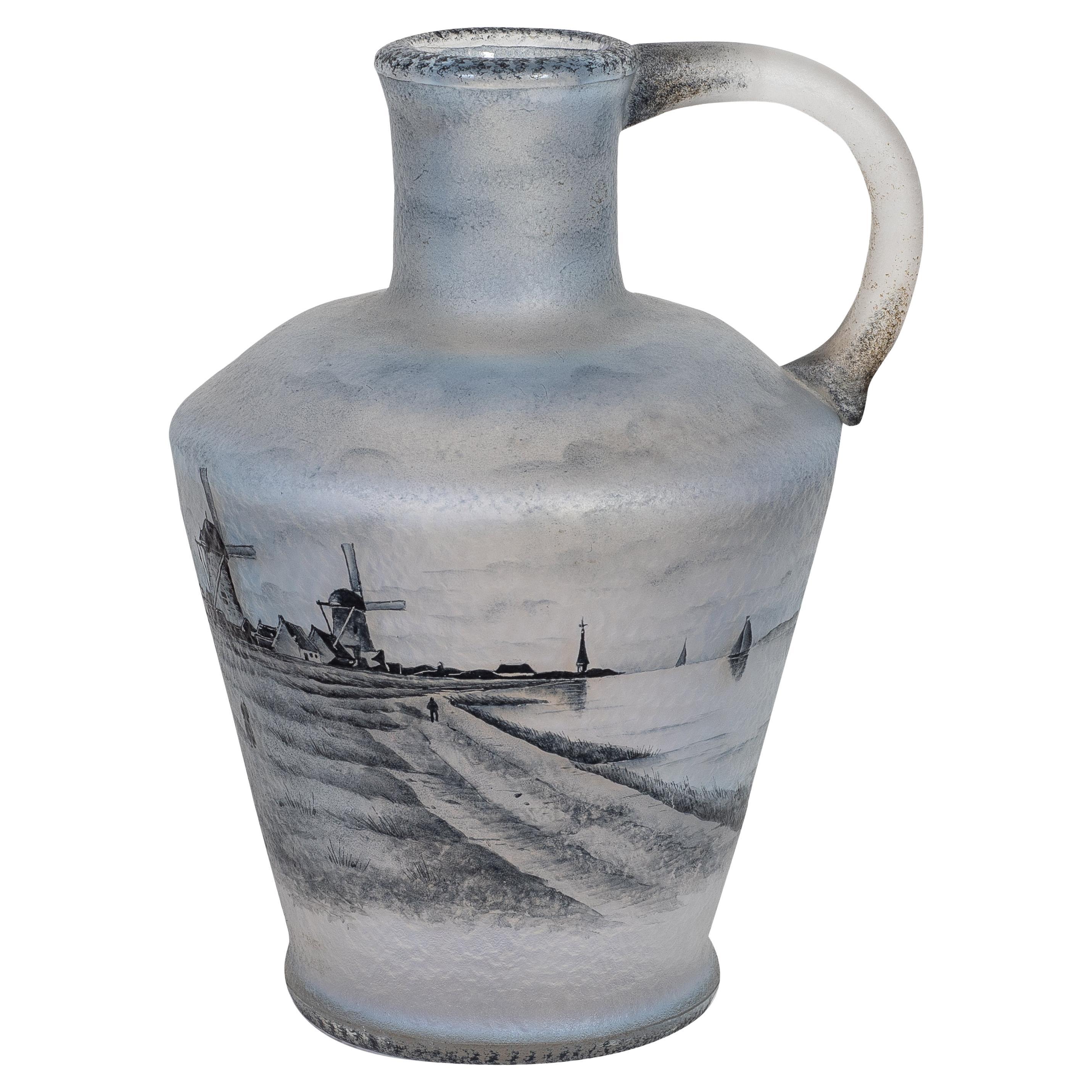 Daum Nancy Enamelled and Acid Etched Glass Ewer