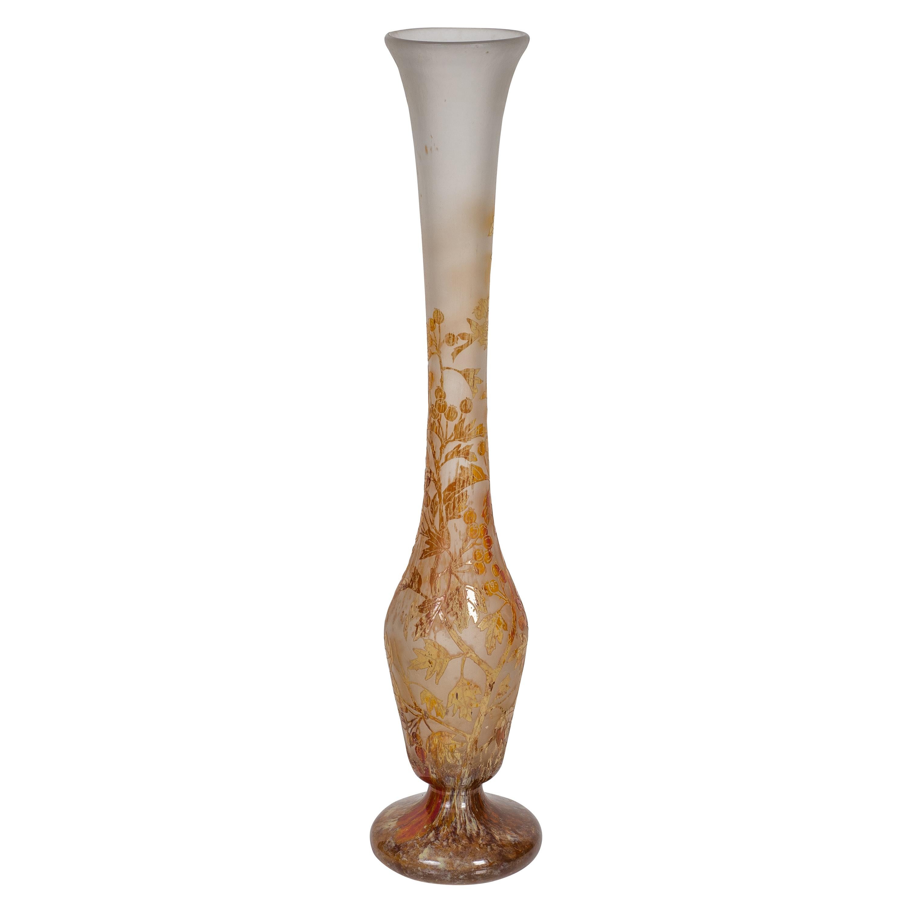 Daum Nancy Enamelled and Acid Etched Glass Vase, "Flowers and Berries"