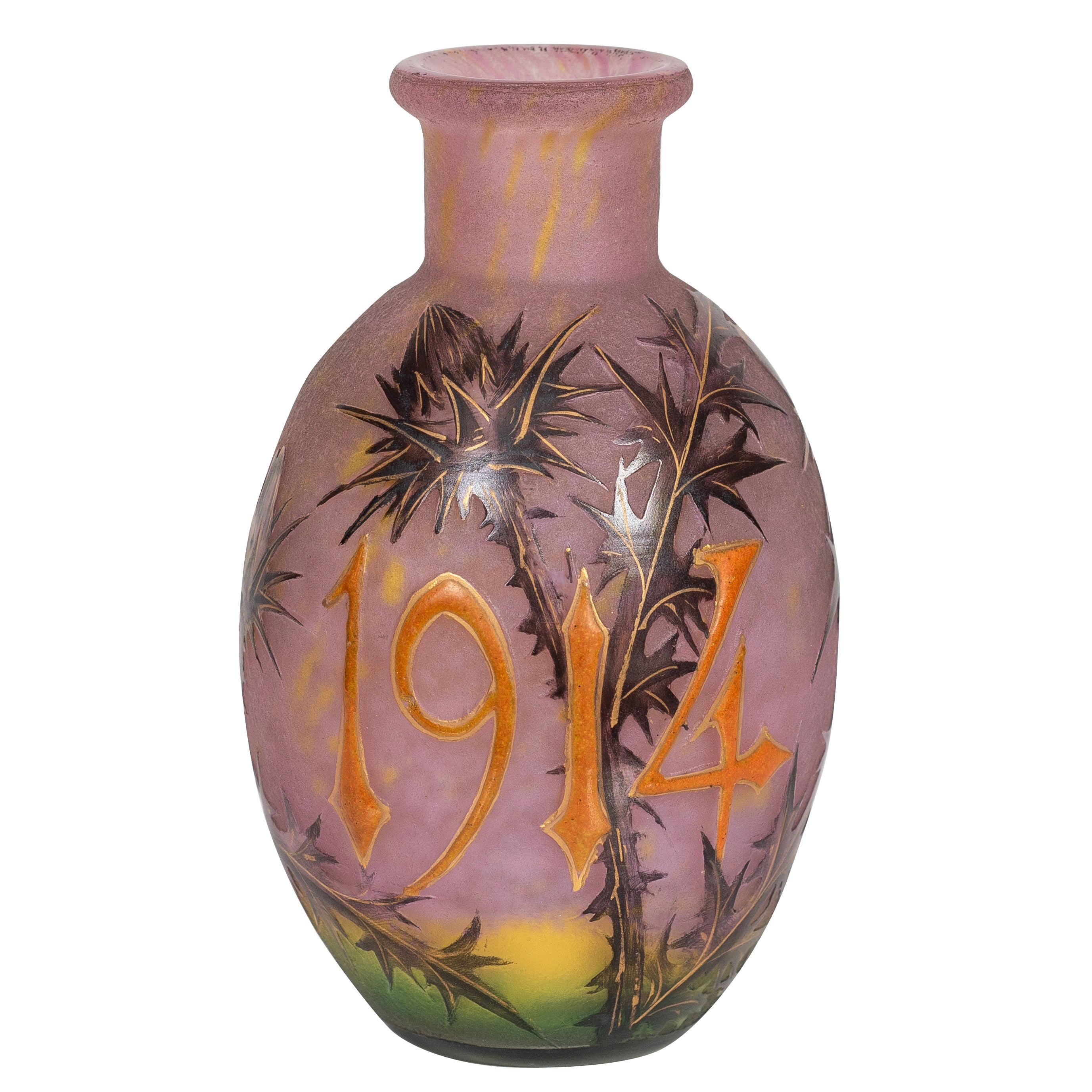 Daum Nancy Enameled and Internally Decorated Glass Vase, "1914" For Sale