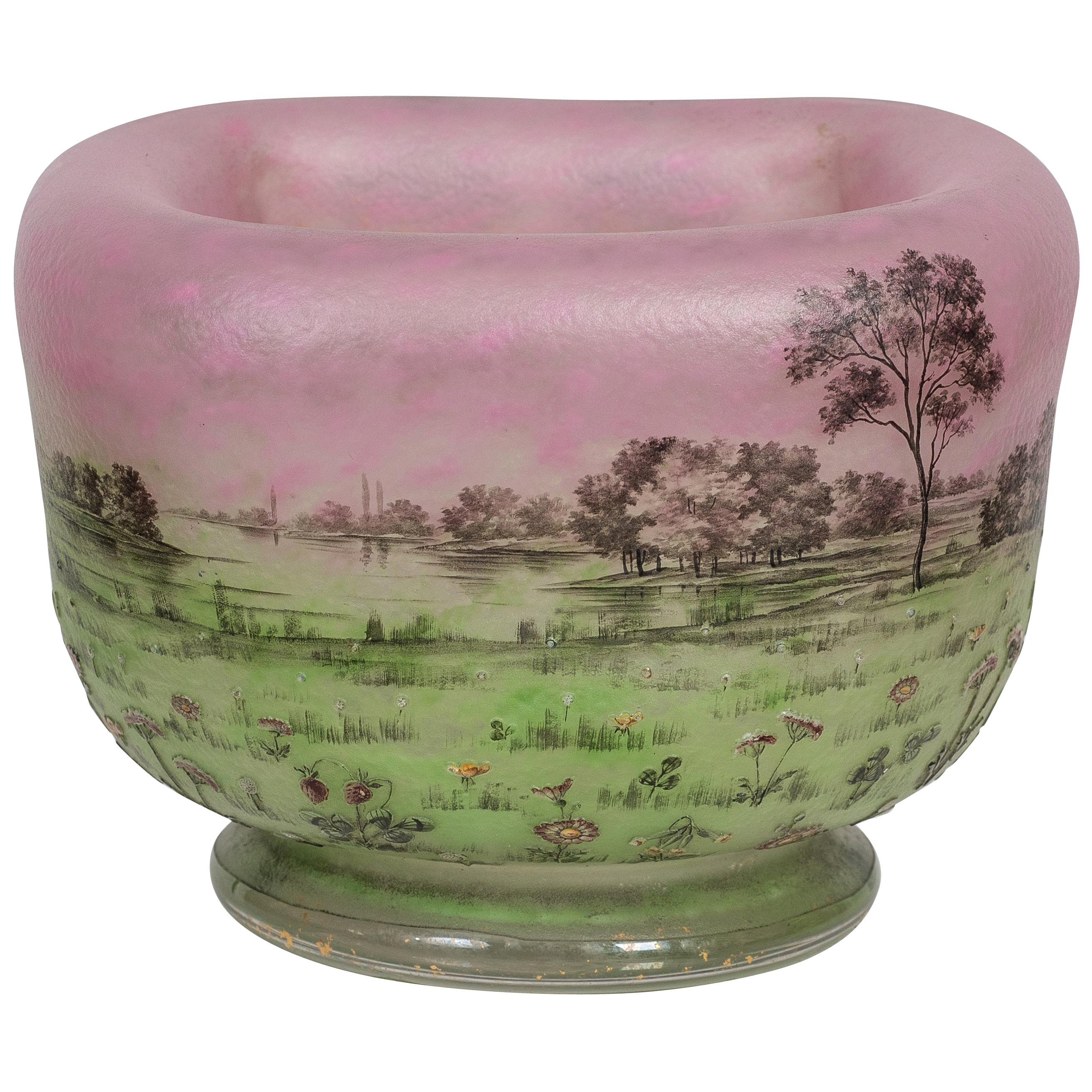Daum Nancy Enamelled and Internally Decorated Glass Vase, "Trees in Prairie"
