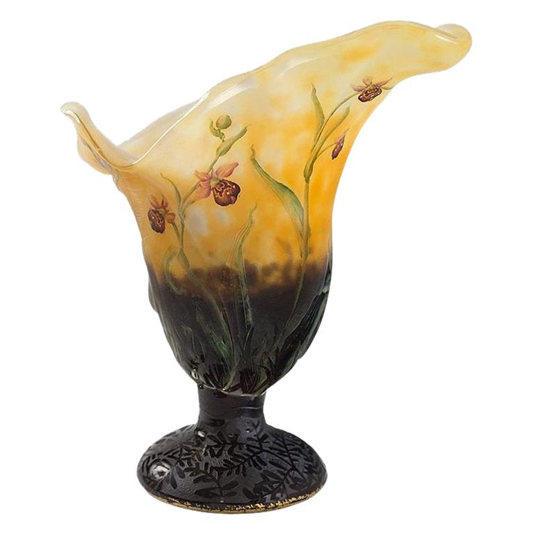 Daum Nancy "Fleurs et Abeilles" Enameled and Etched Glass Vase For Sale
