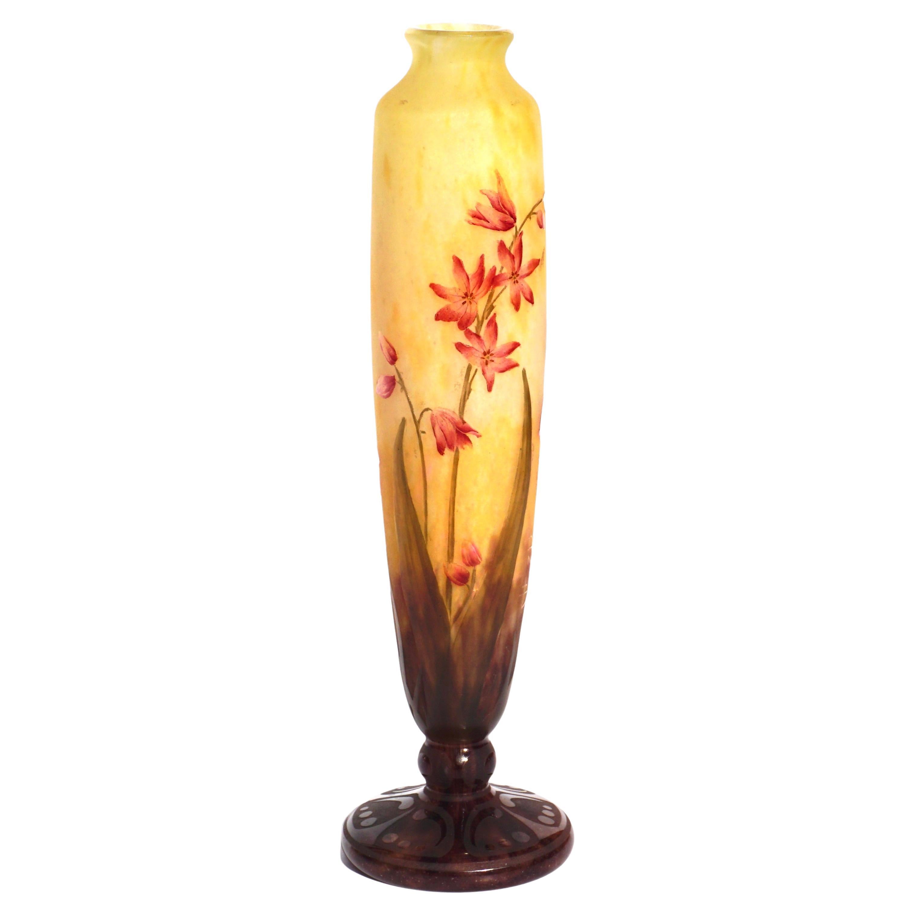 Large Daum Nancy Flower Enameled Cameo Art Nouveau Vase For Sale