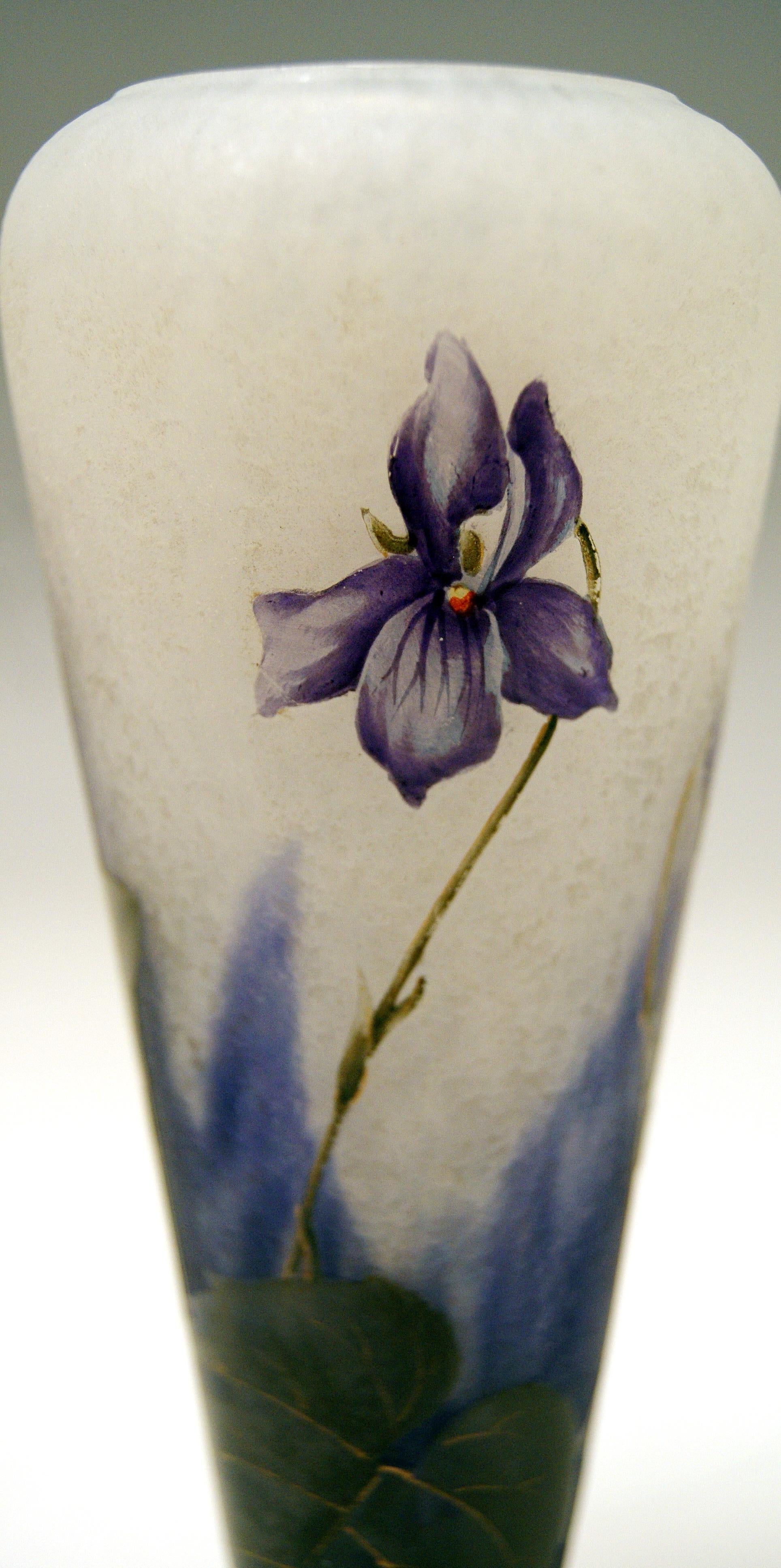 French Daum Nancy France Art Nouveau Early Vase with Violets Flowers Made, circa 1895