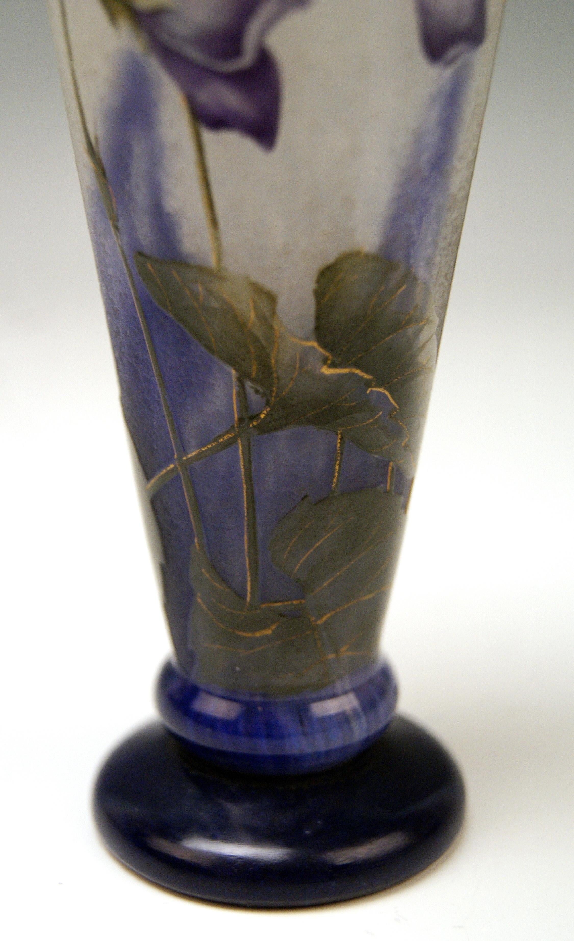 Etched Daum Nancy France Art Nouveau Early Vase with Violets Flowers Made, circa 1895