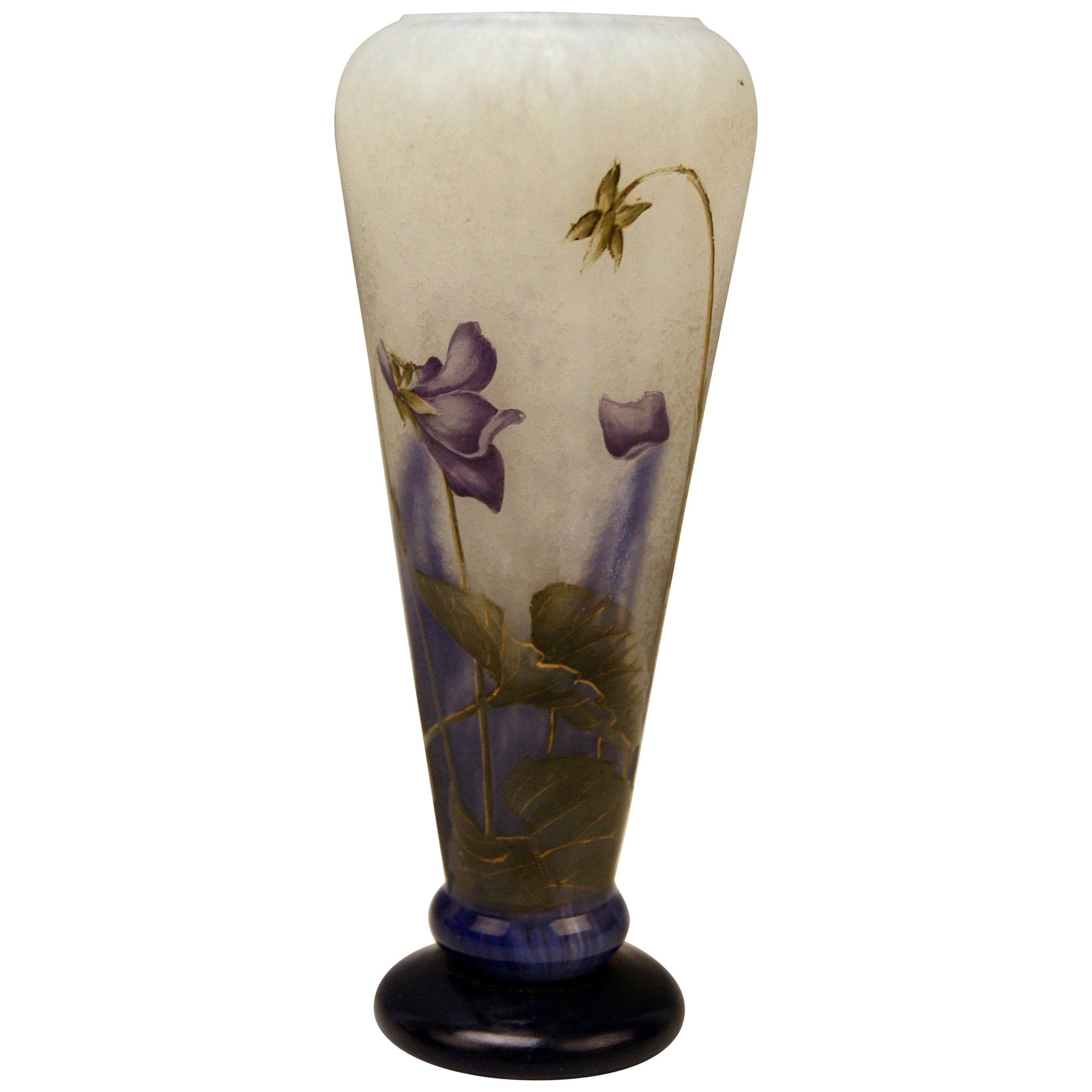 Daum Nancy France Art Nouveau Early Vase with Violets Flowers Made, circa 1895