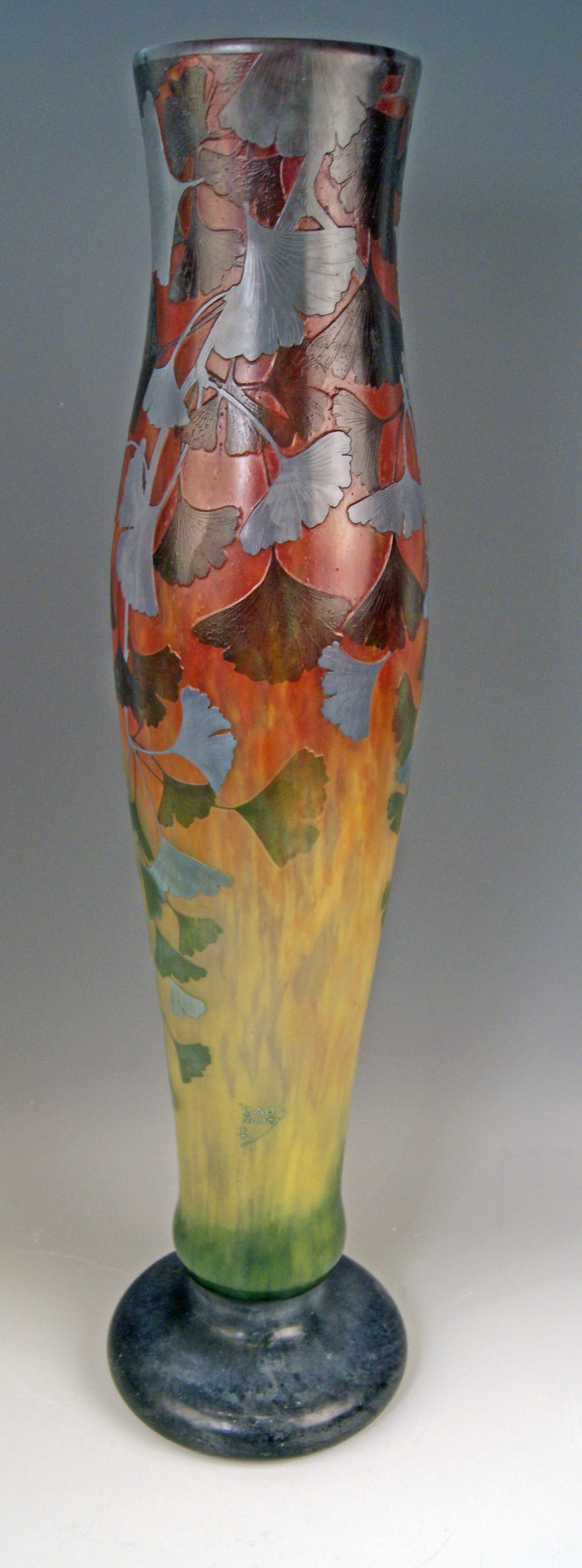 Daum Nancy Cameo Finest as well as Rarest Art Glass Stalky Vase of Art Nouveau Period.
Excellently decorated with interesting patterns: These are gingko leaves !

Manufactory: Daum Frères / made in France (Nancy, Lorraine), circa 1900.