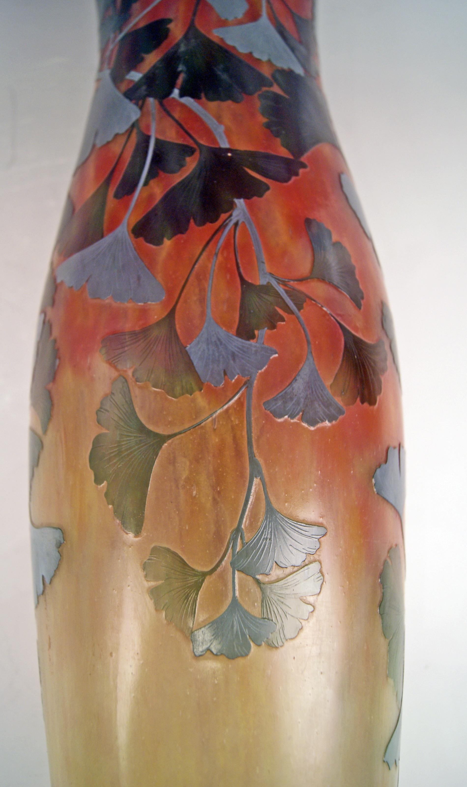 Glass Daum Nancy France Art Nouveau Huge Vase Gingko Leaves, circa 1900