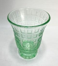 Daum Nancy France Green Acid Etched Art Glass Footed Vase, Signed