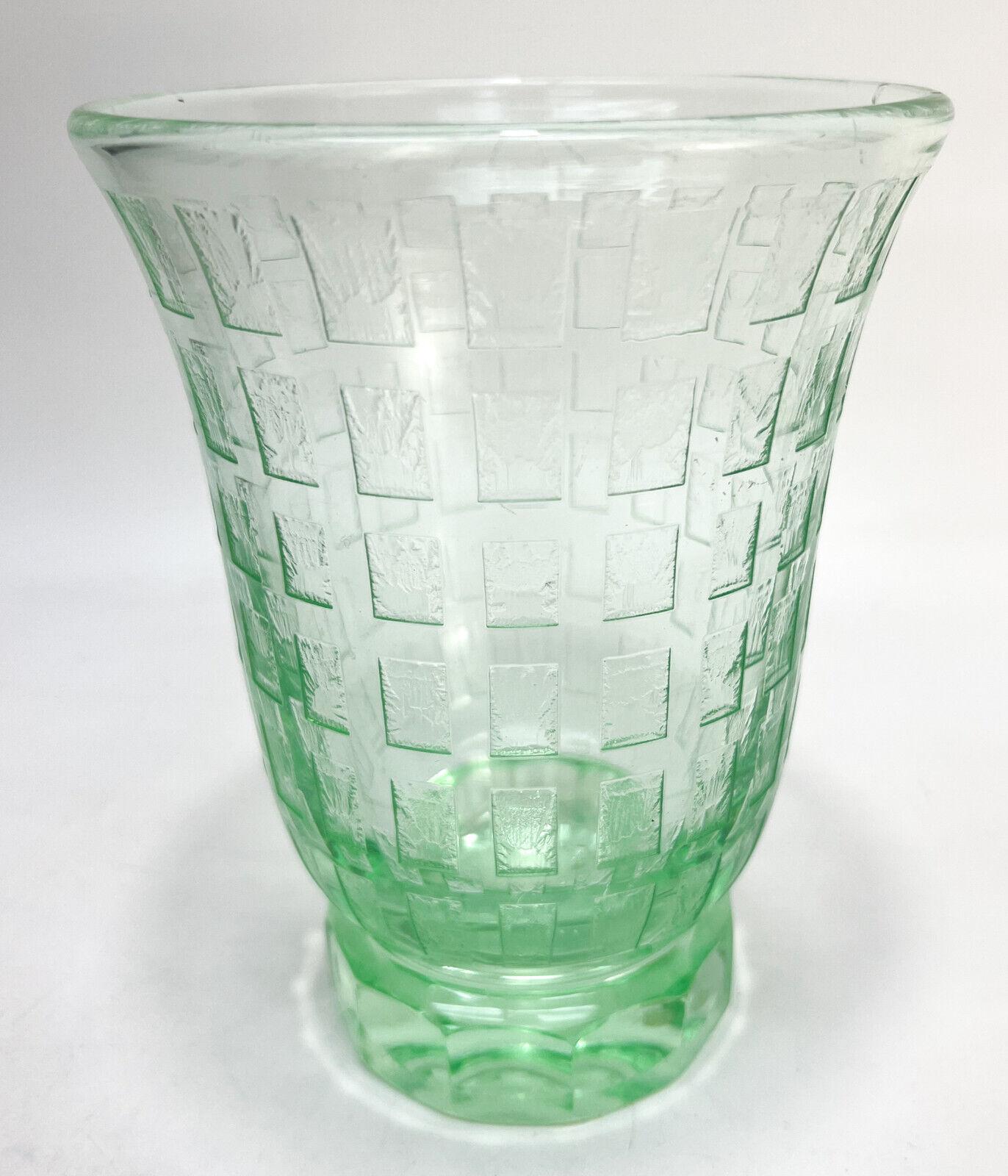 Art Deco Daum Nancy France Green Acid Etched Art Glass Footed Vase, Signed For Sale