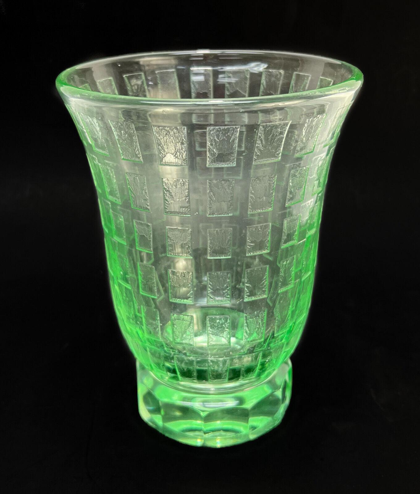 French Daum Nancy France Green Acid Etched Art Glass Footed Vase, Signed For Sale