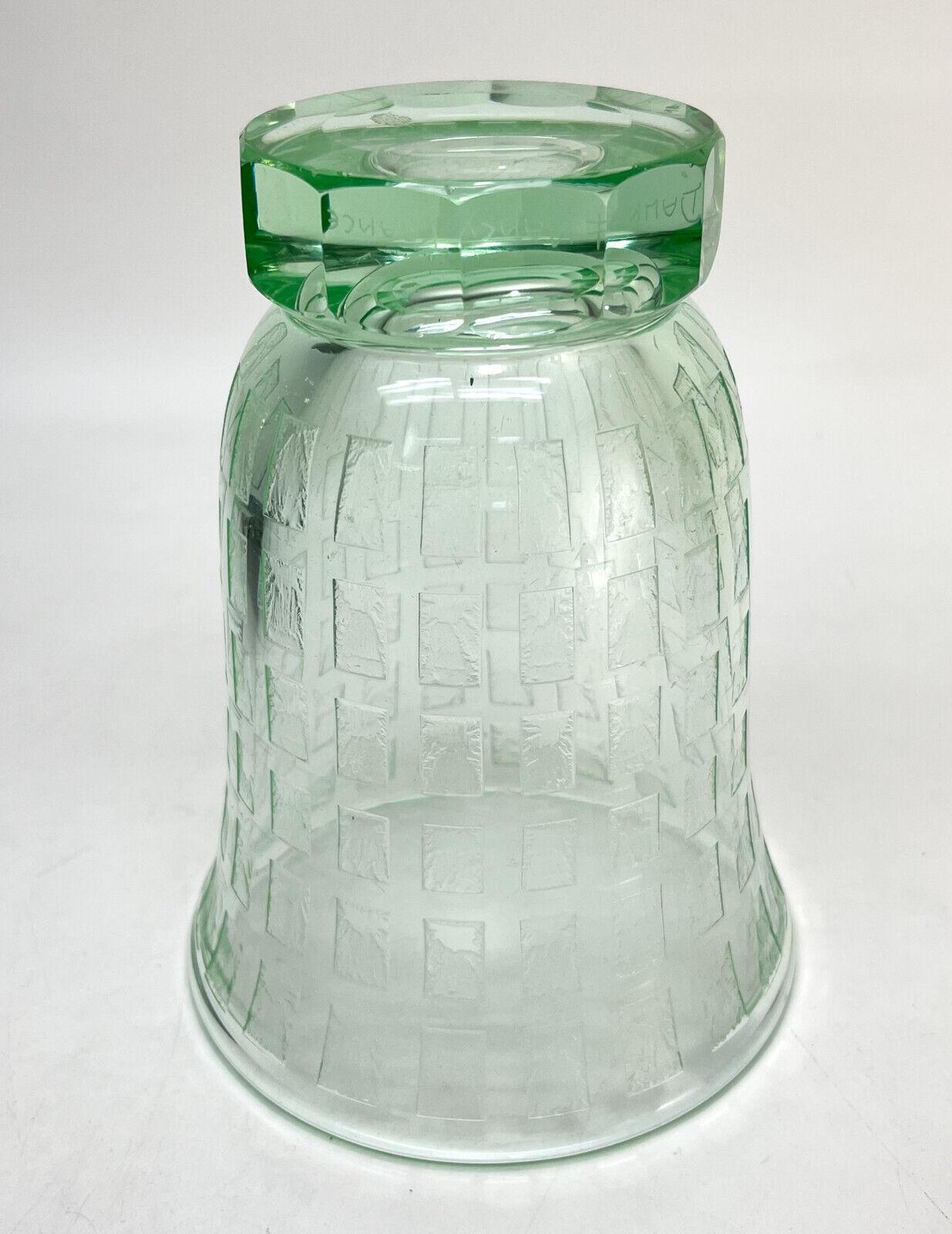 Engraved Daum Nancy France Green Acid Etched Art Glass Footed Vase, Signed For Sale
