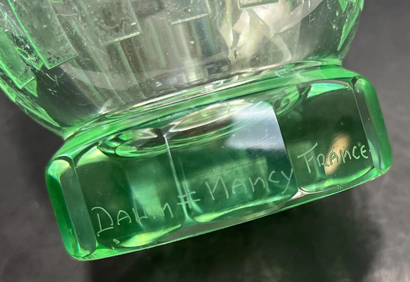 Daum Nancy France Green Acid Etched Art Glass Footed Vase, Signed In Fair Condition For Sale In Gardena, CA