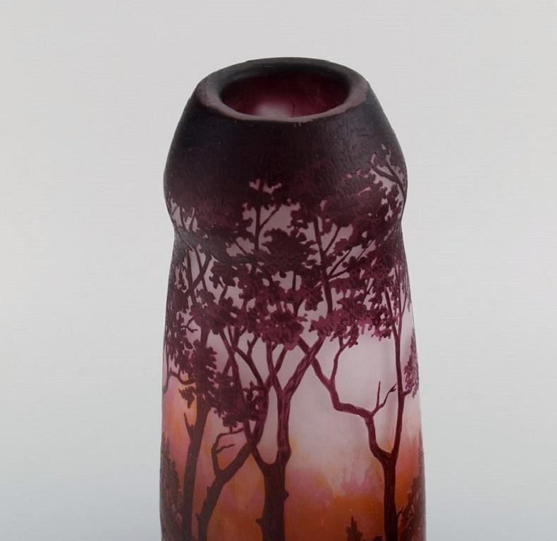 French Daum Nancy, France, Large Antique Vase in Art Glass with Landscape and Trees For Sale