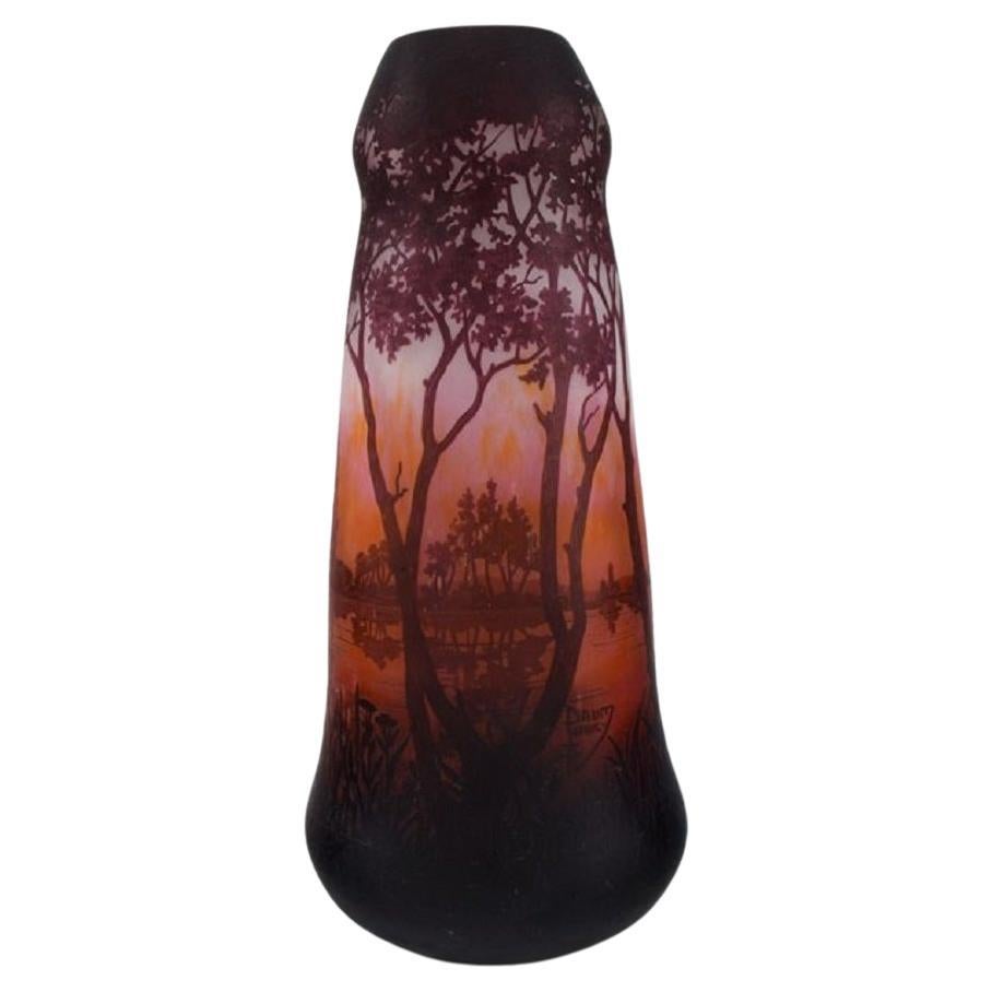 Daum Nancy, France, Large Antique Vase in Art Glass with Landscape and Trees For Sale