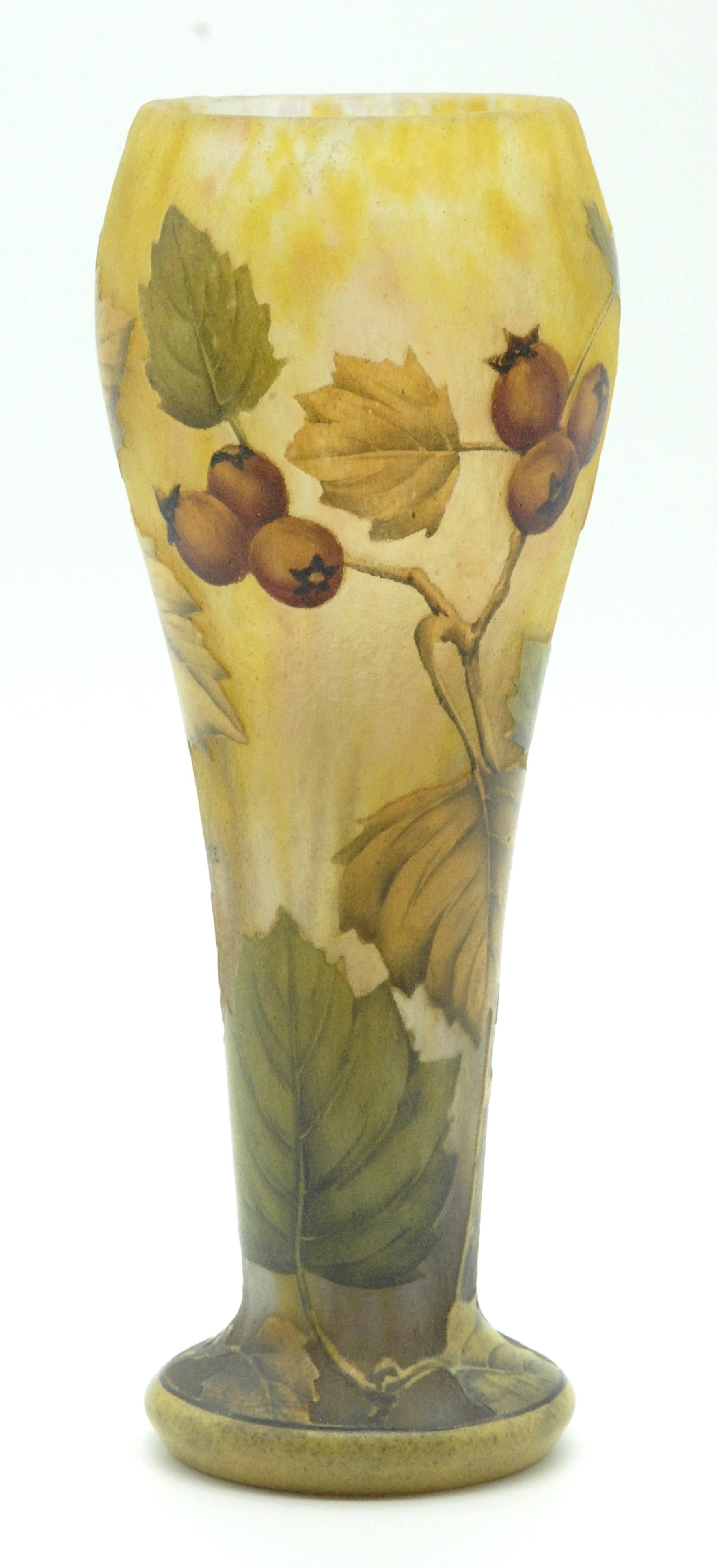 Rose hips and leaves feature on this rare cameo art glass vase by the renowned French glass making firm of Daum, Nancy. The graceful vessel features an etched and colored rose stems with leaves and rose hips residing upon a sunset background of