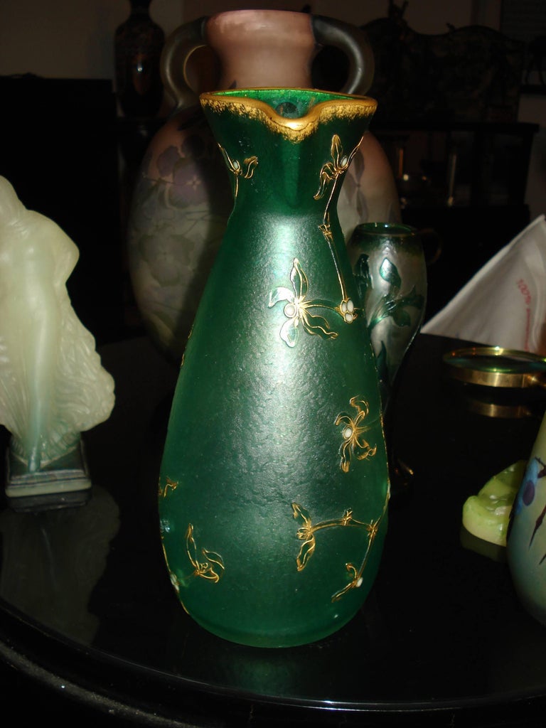 Enameled Daum Nancy French Art Nouveau Acid Etched Glass Vase or Pitcher with Enamel For Sale