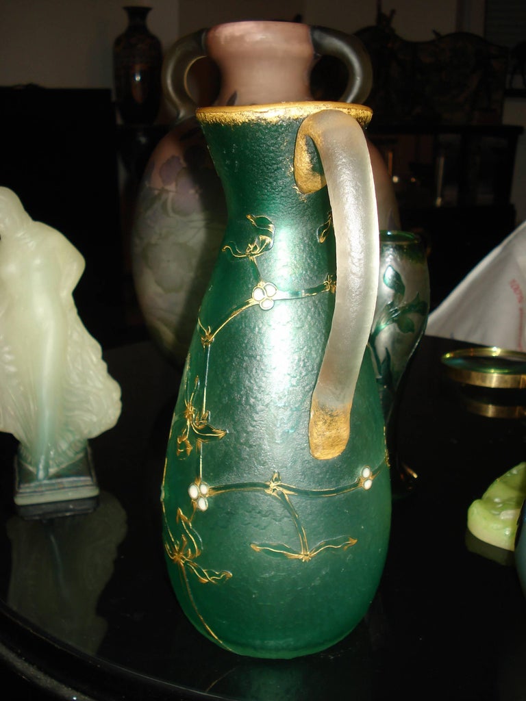 19th Century Daum Nancy French Art Nouveau Acid Etched Glass Vase or Pitcher with Enamel For Sale