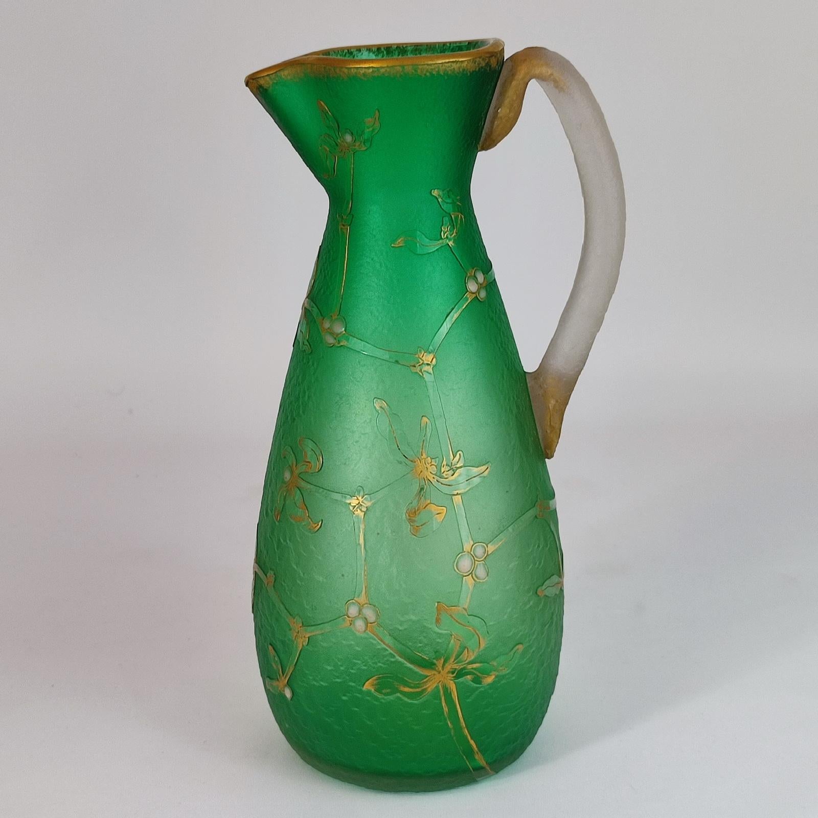 Daum Nancy French Art Nouveau Acid Etched Glass Vase or Pitcher with Enamel For Sale 1
