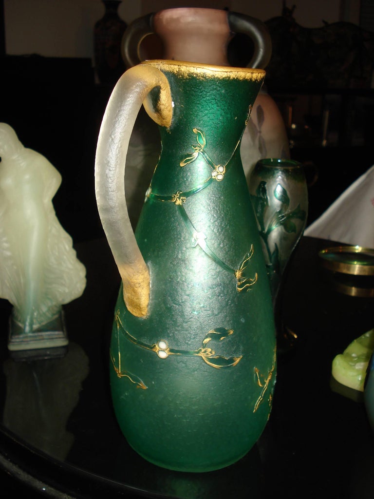 Daum Nancy French Art Nouveau Acid Etched Glass Vase or Pitcher with Enamel For Sale 1