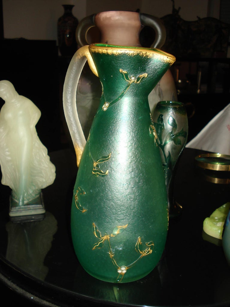 Daum Nancy French Art Nouveau Acid Etched Glass Vase or Pitcher with Enamel For Sale 3