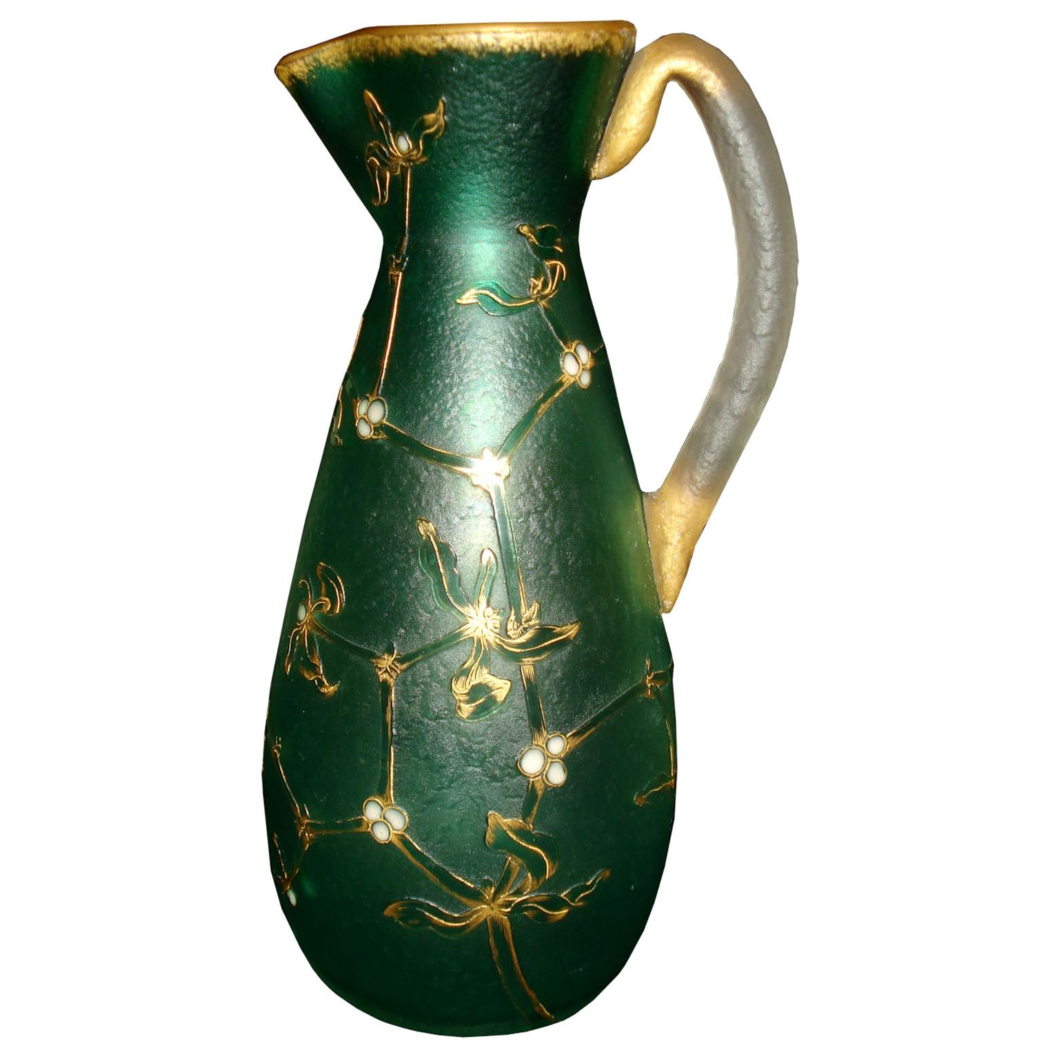 Daum Nancy French Art Nouveau Acid Etched Glass Vase or Pitcher with Enamel
