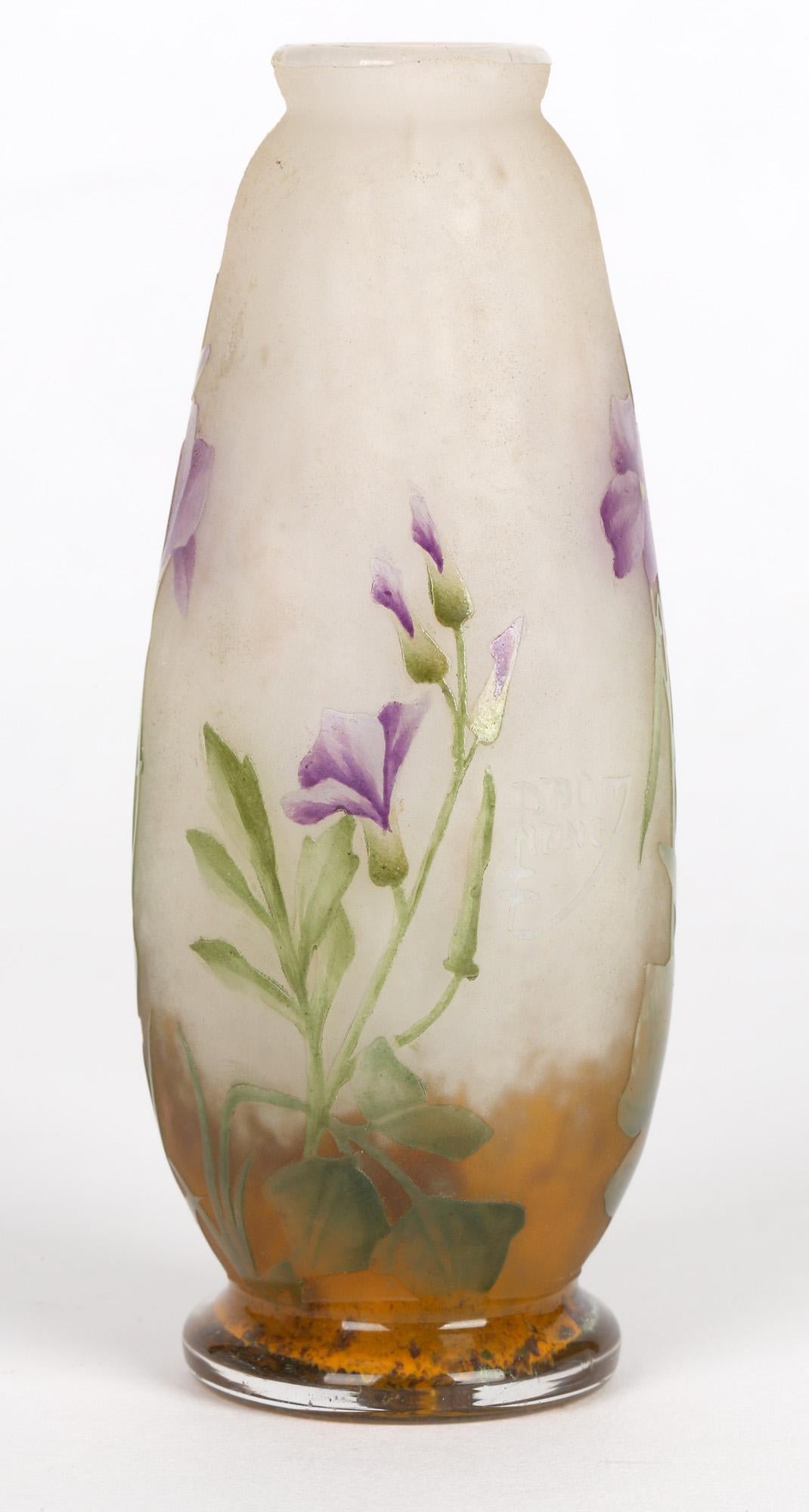 Hand-Carved Daum Nancy French Art Nouveau Miniature Cameo Glass Vase with Violets For Sale