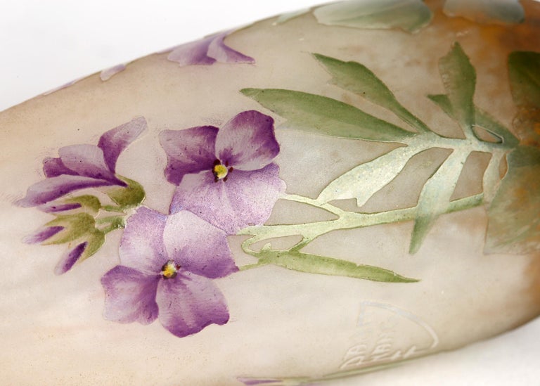 Blown Glass Daum Nancy French Art Nouveau Miniature Cameo Glass Vase with Violets For Sale