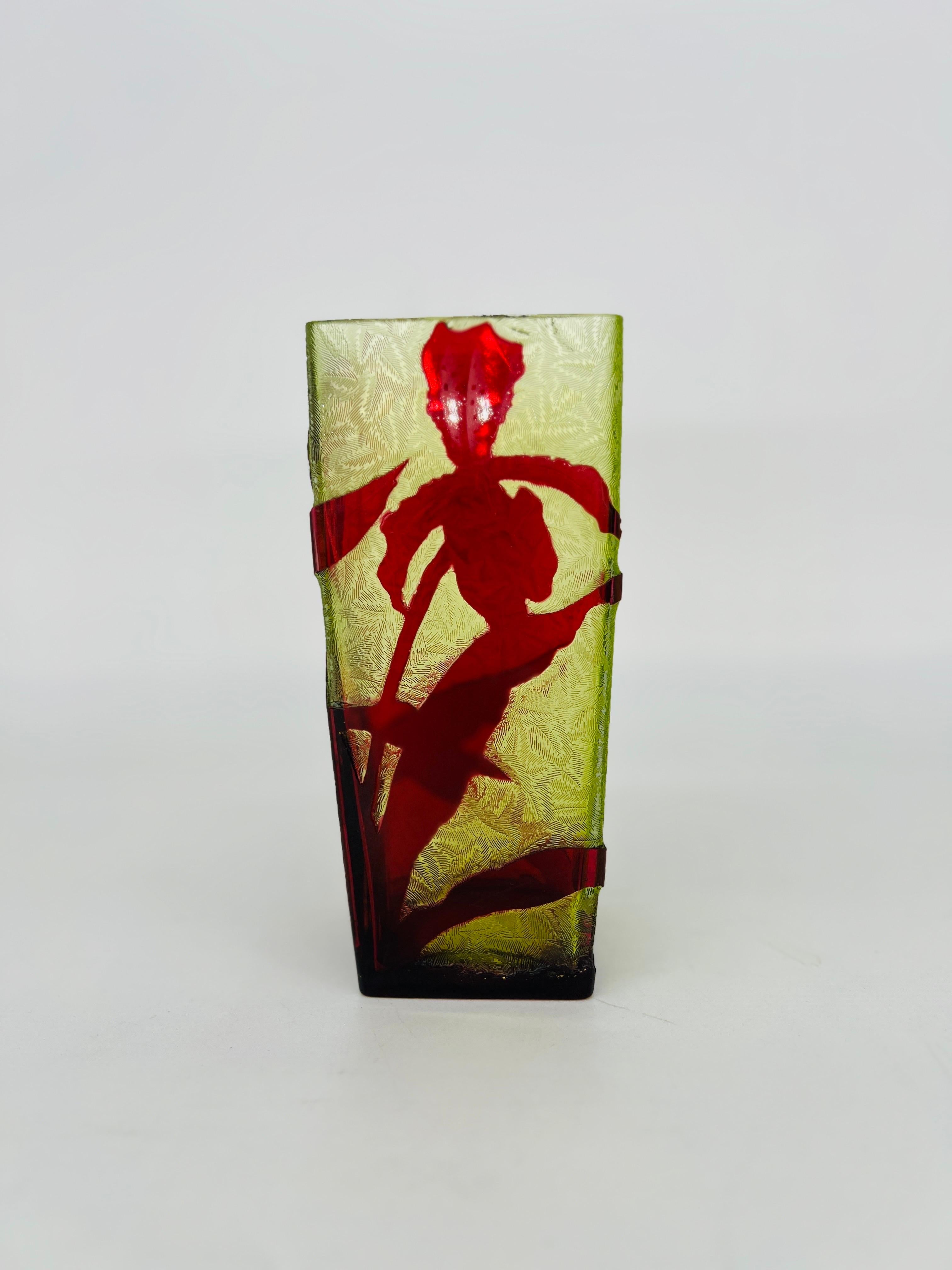 Daum Nancy, Vase en verre d'art français camée et taillé à la roue, vers 1900

Le corps en verre dépoli est gravé à l'acide de motifs répétés de feuilles de fougère et superposé et gravé à l'acide d'iris et de feuilles, avec des détails sculptés à