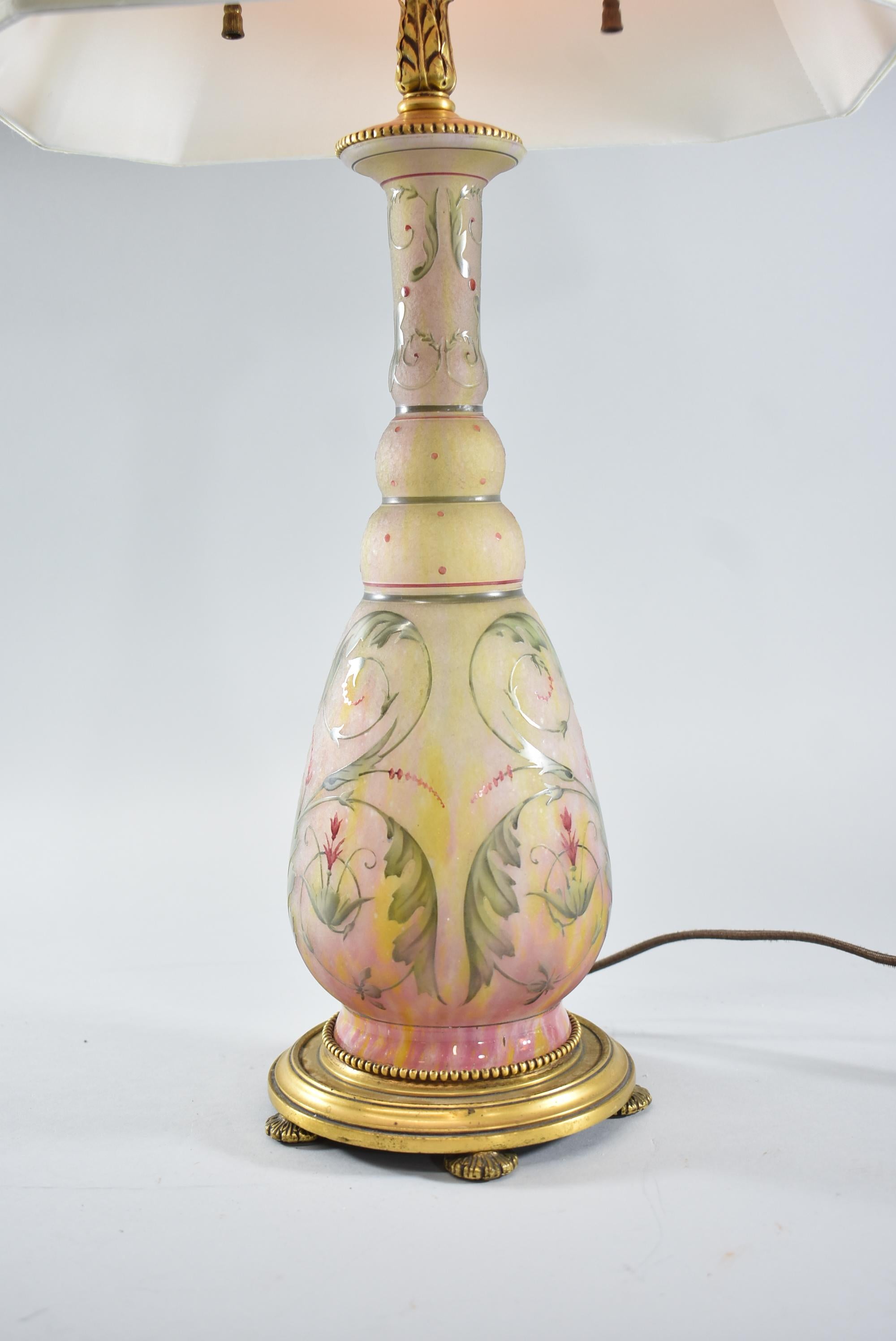 French Provincial Daum Nancy French Hand Decorated Acid Cut Art Glass Table Lamp Floral Designs