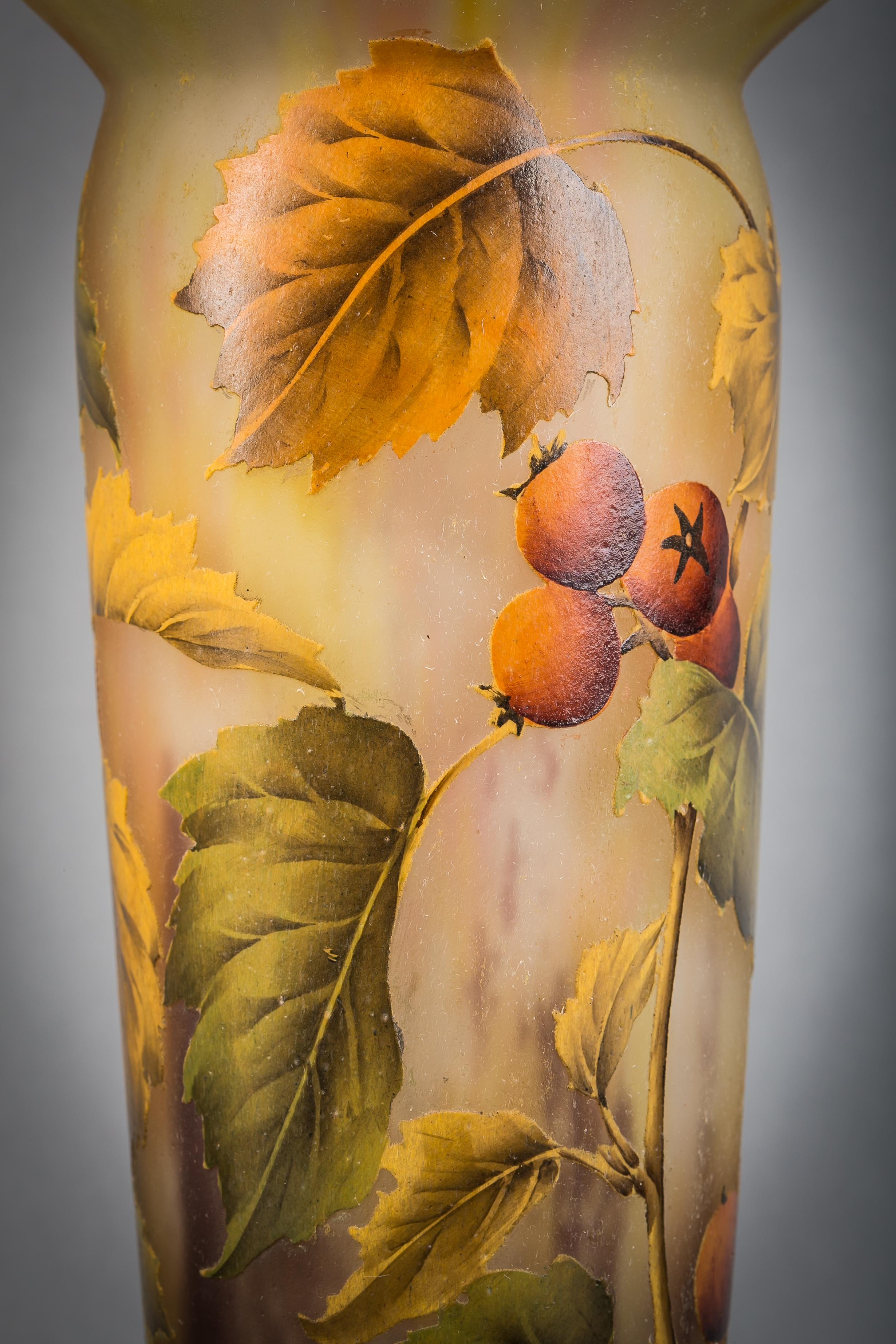 Art Glass Daum Nancy Fruit Vase, Circa 1900 For Sale