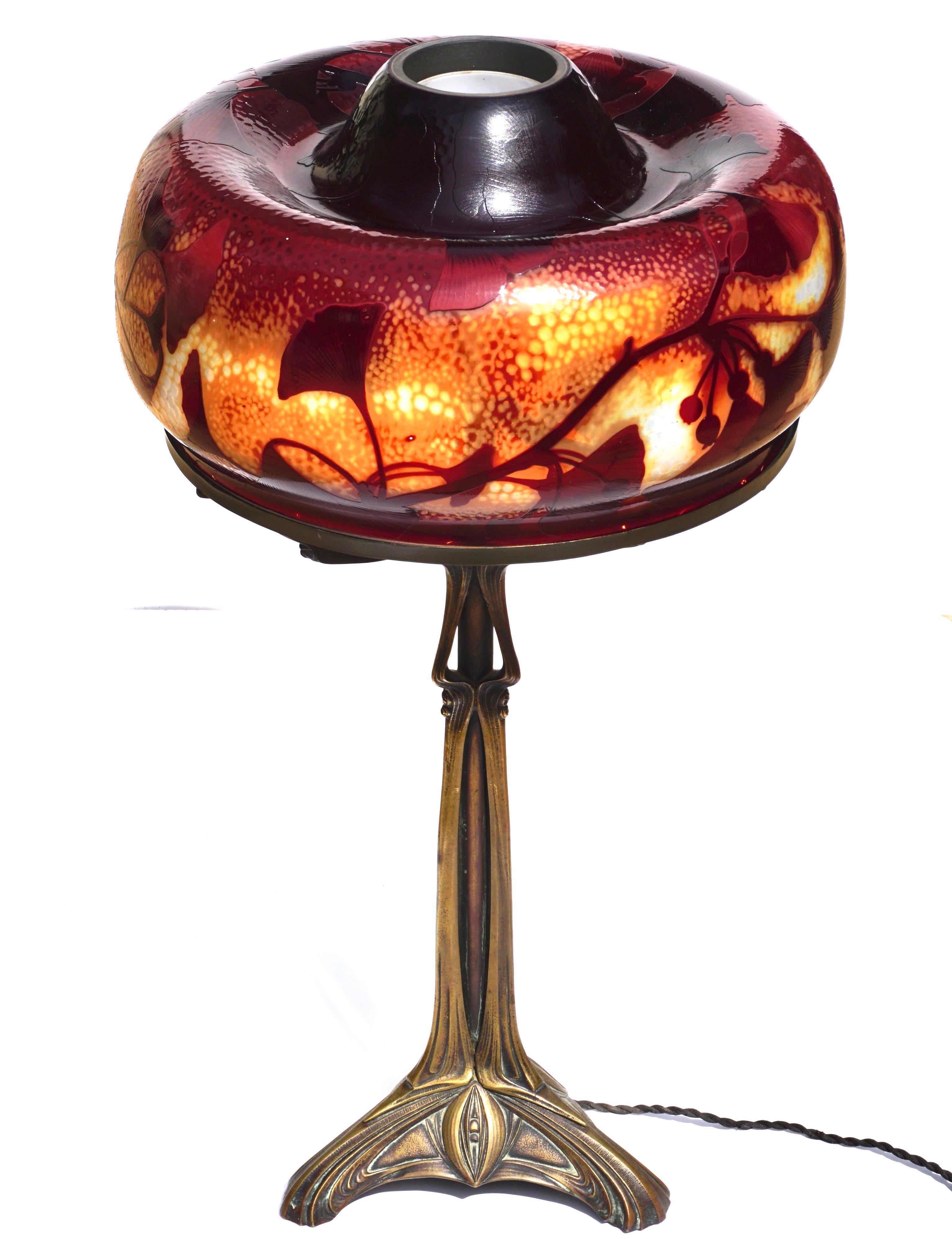 French Daum Nancy Gingko Martele Art Nouveau Lamp