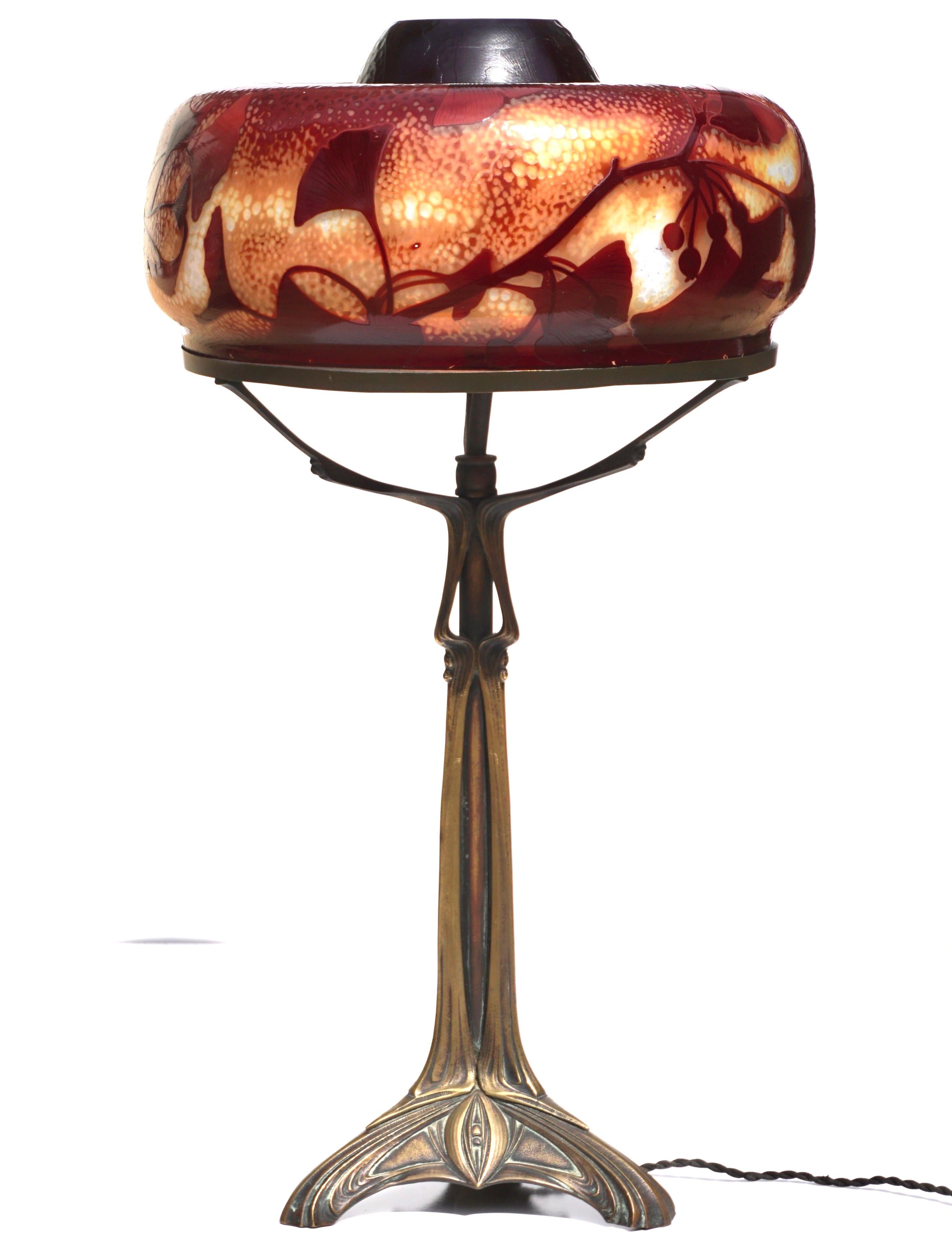 Hand-Crafted Daum Nancy Gingko Martele Art Nouveau Lamp