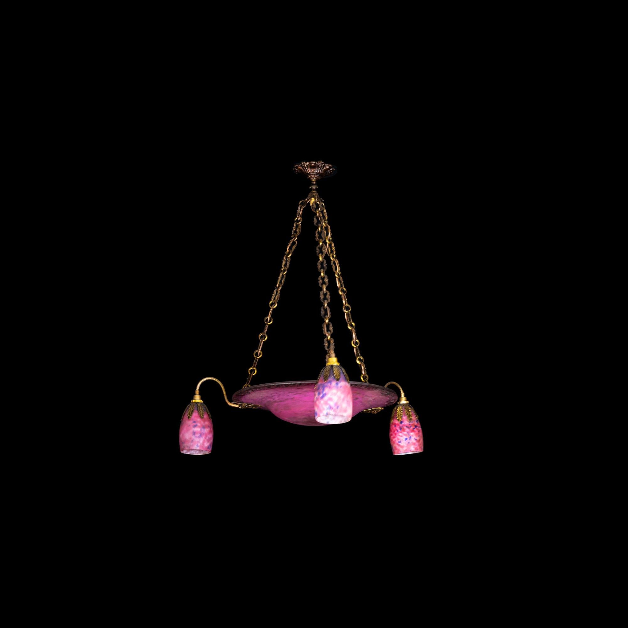 Early 20th Century Daum Nancy Glass and Bronze Three Arm Chandelier For Sale