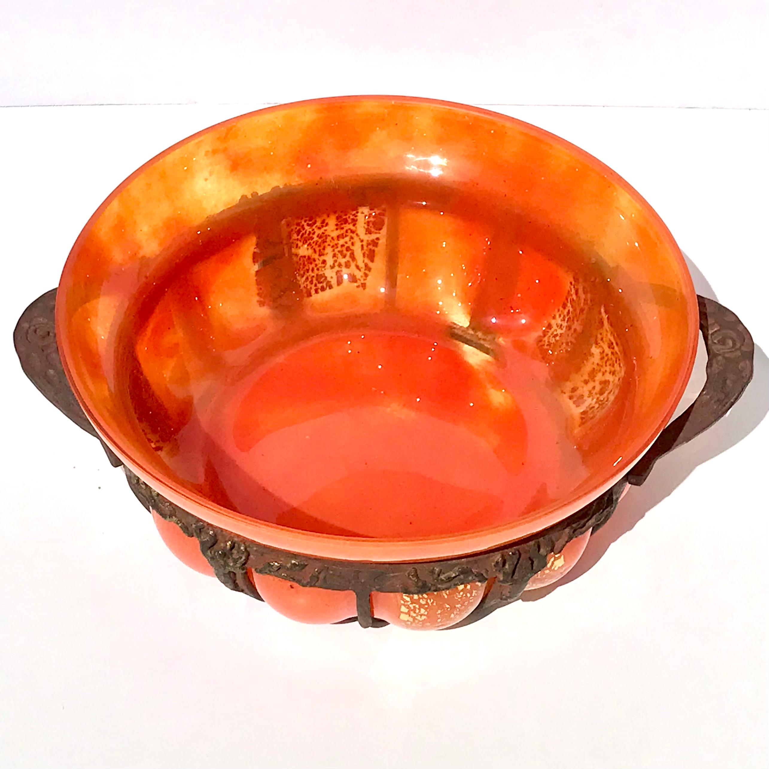 Fired Daum Nancy Glass and Louis Majorelle iron Art Nouveau Bowl For Sale