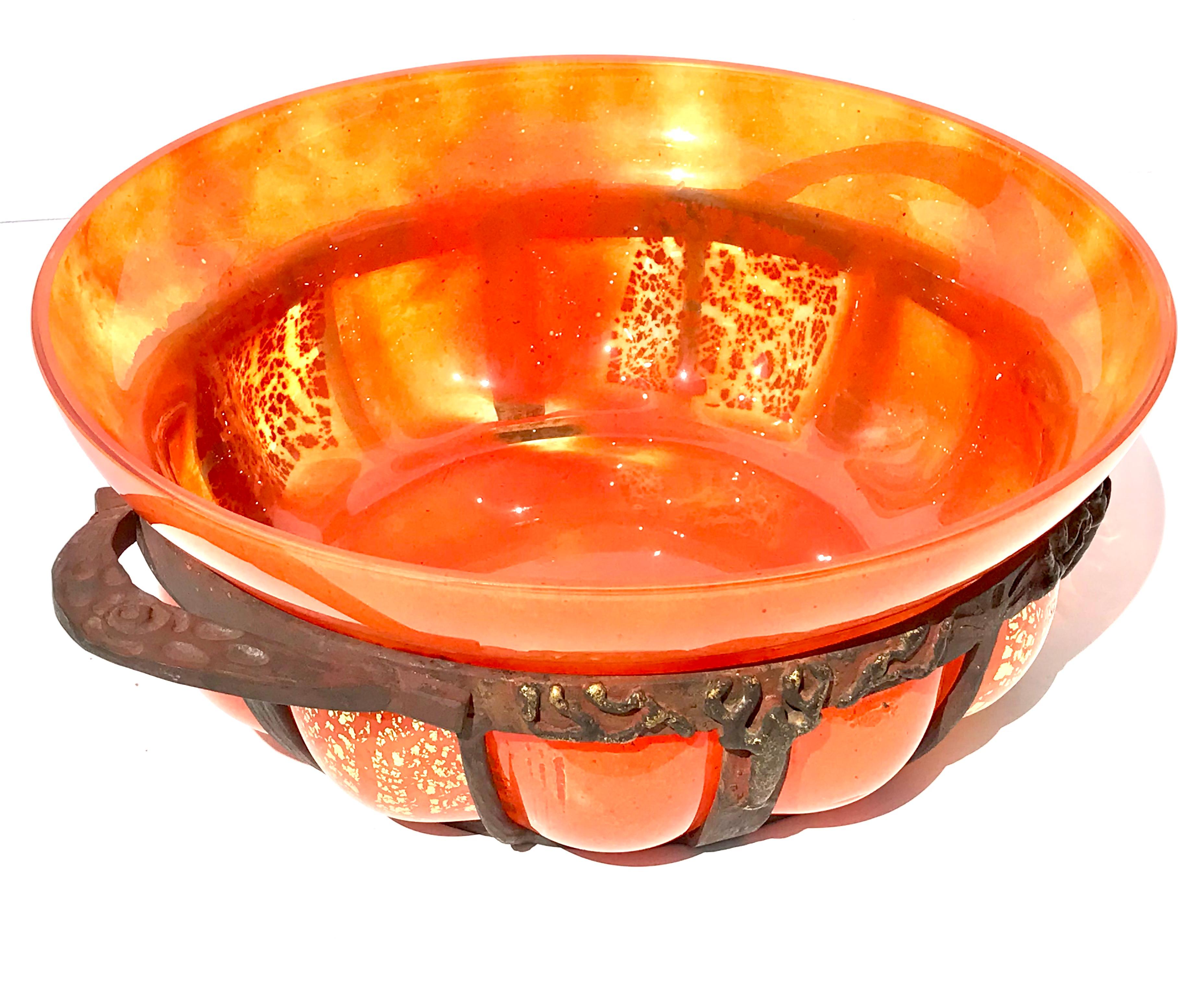 Daum Nancy Glass and Louis Majorelle iron Art Nouveau Bowl In Excellent Condition For Sale In Dallas, TX