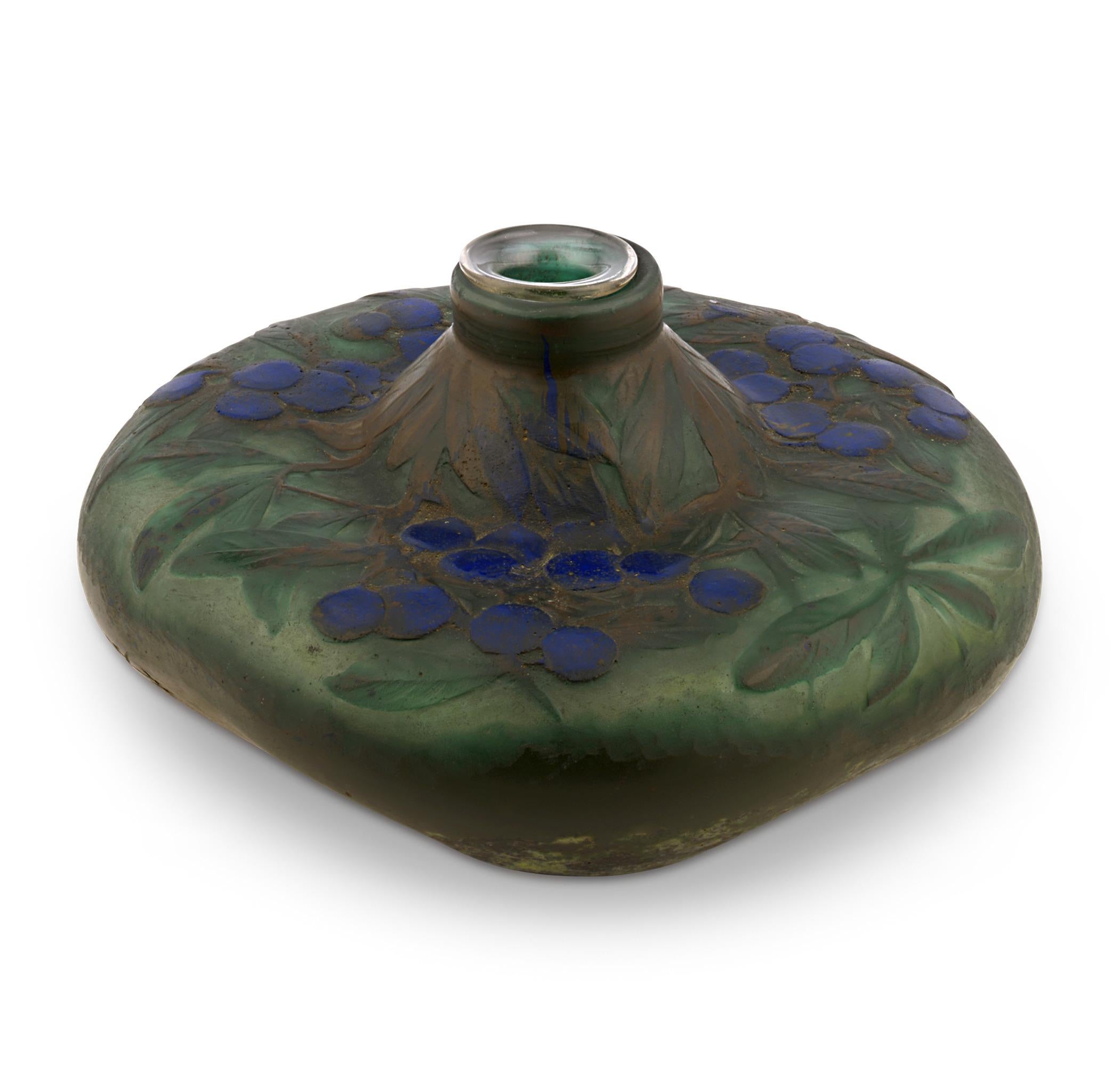 This beautiful cameo glass inkwell displays the brilliance of the renowned Daum Nancy, a firm long celebrated for their masterful ability to recreate the beauty of nature in glass. A delightful array of vibrant blueberries adorn the top of this