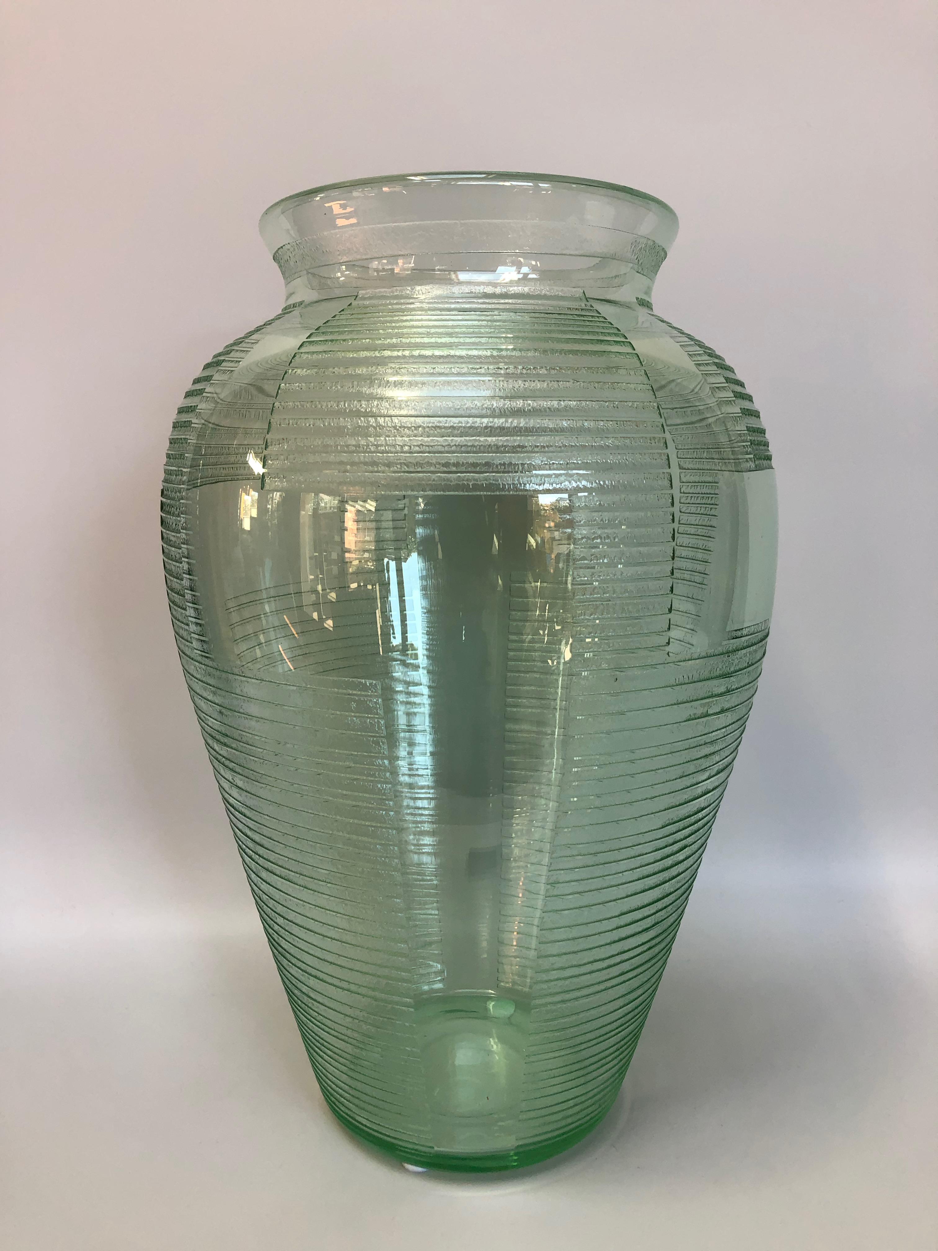 French Daum Nancy Green Art Deco Vase Geometric Decor For Sale