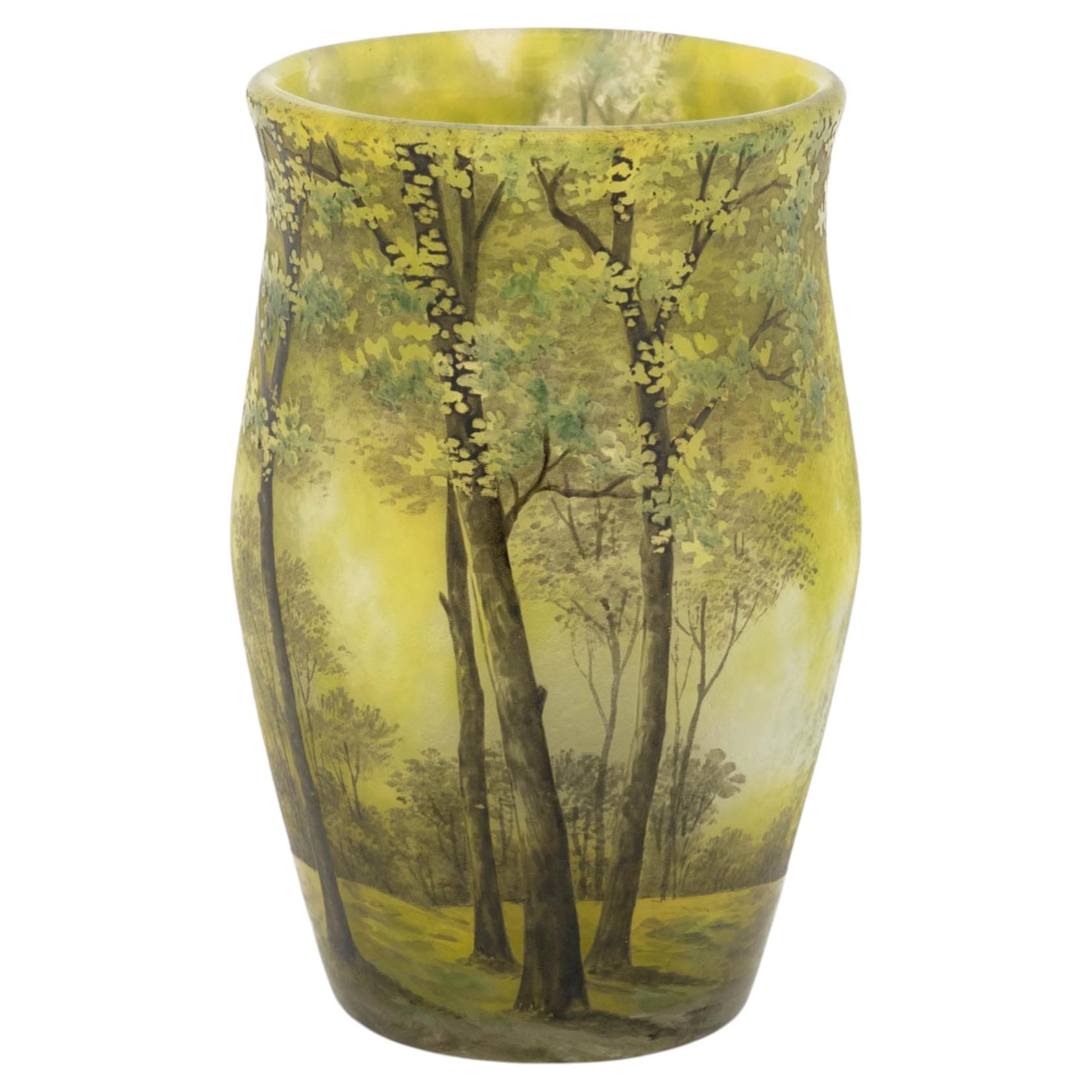 Daum Nancy Cameo Glass Vase, Art Nouveau, Acid-Etched, USA, 4.75" H