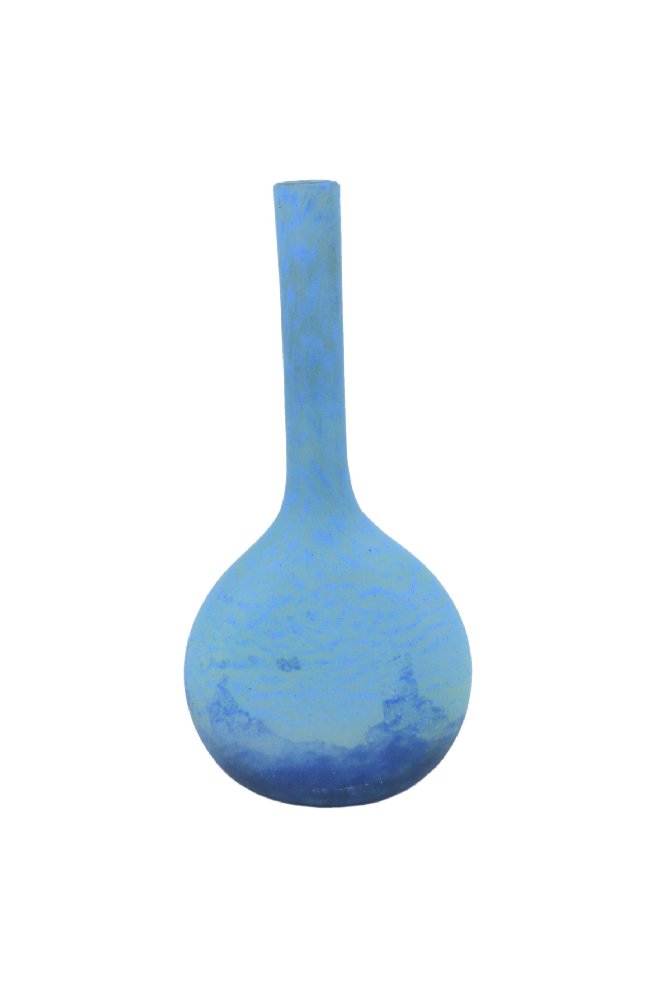French Daum Nancy, Large Blue Vase with Long Neck For Sale