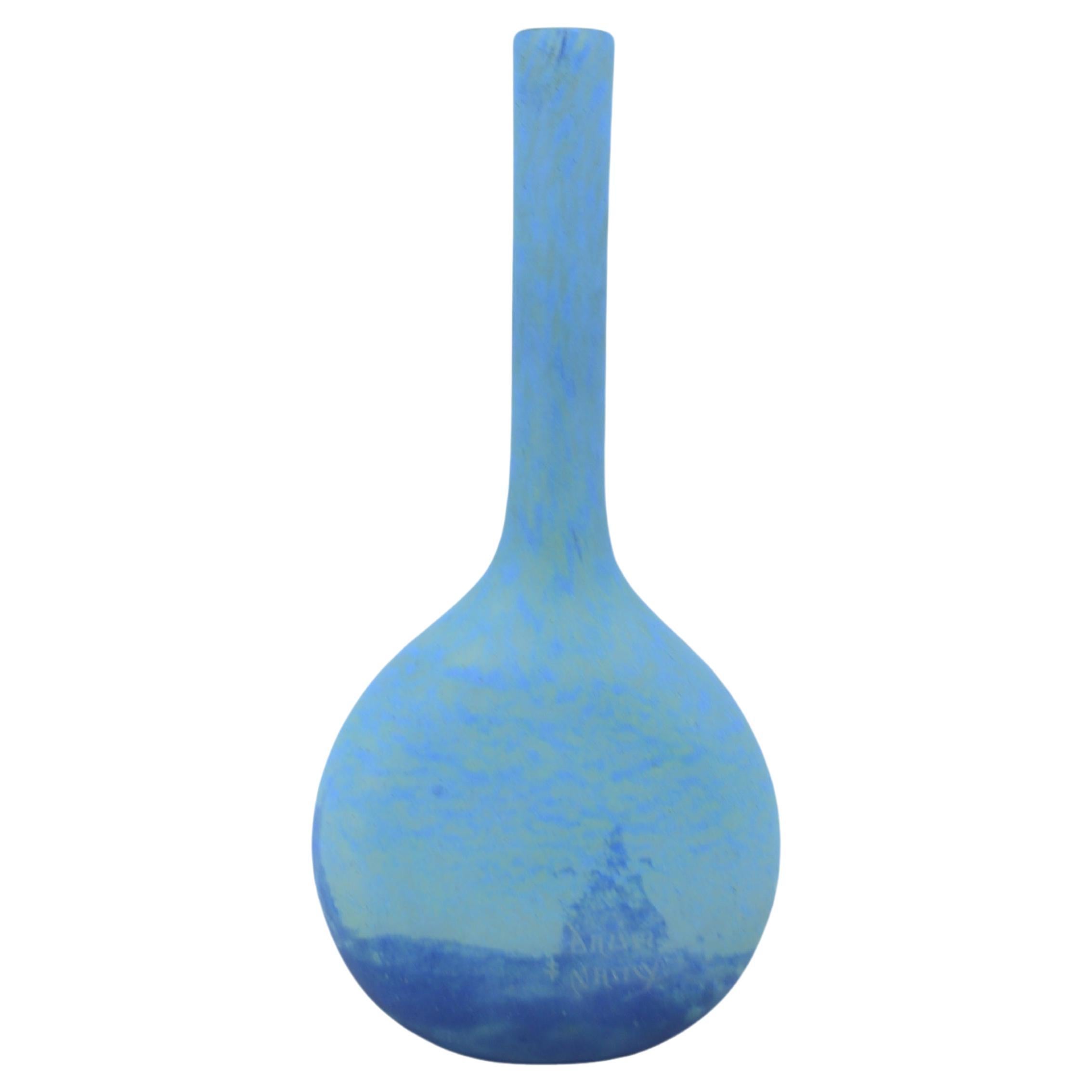 Daum Nancy, Large Blue Vase with Long Neck For Sale