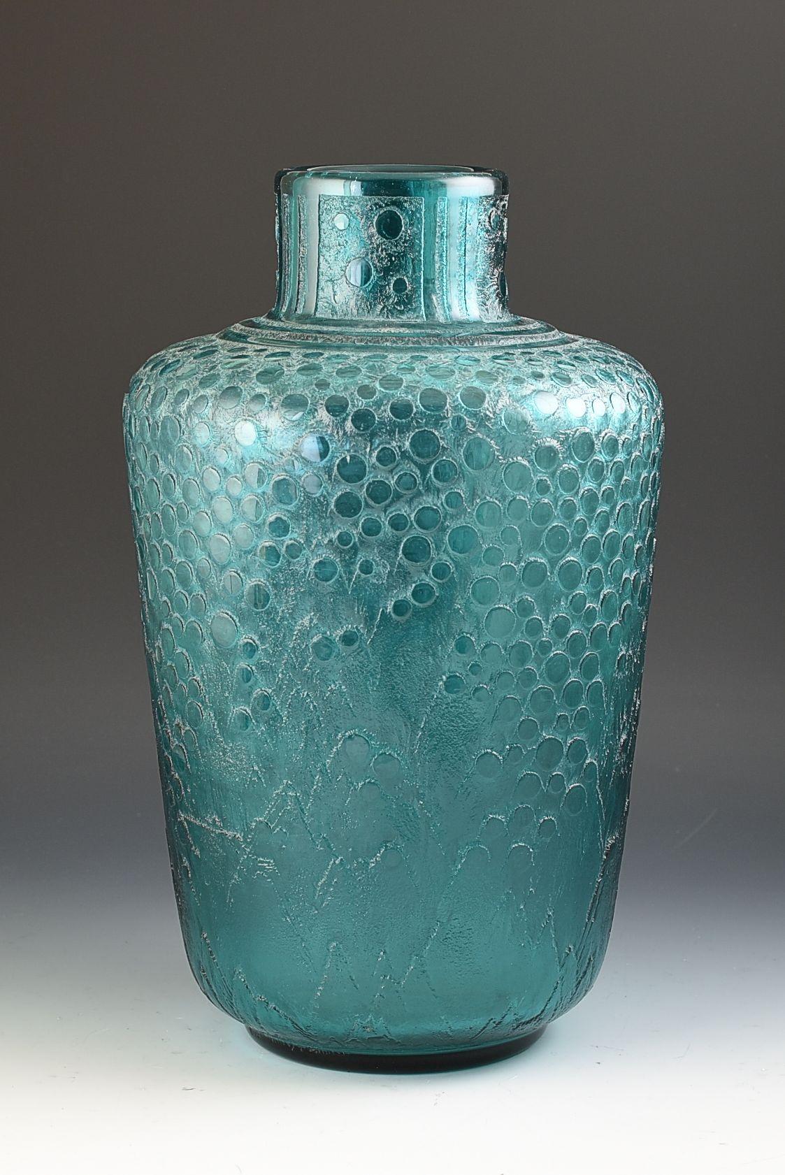 A large and impressive Art deco acid etched vase decorated with polished bubbles against an icy or watery finish on a Teal Blue ground, it also gives off a sea green colour depending on lighting! . This Daum Nancy vase will date to 1930 and is in