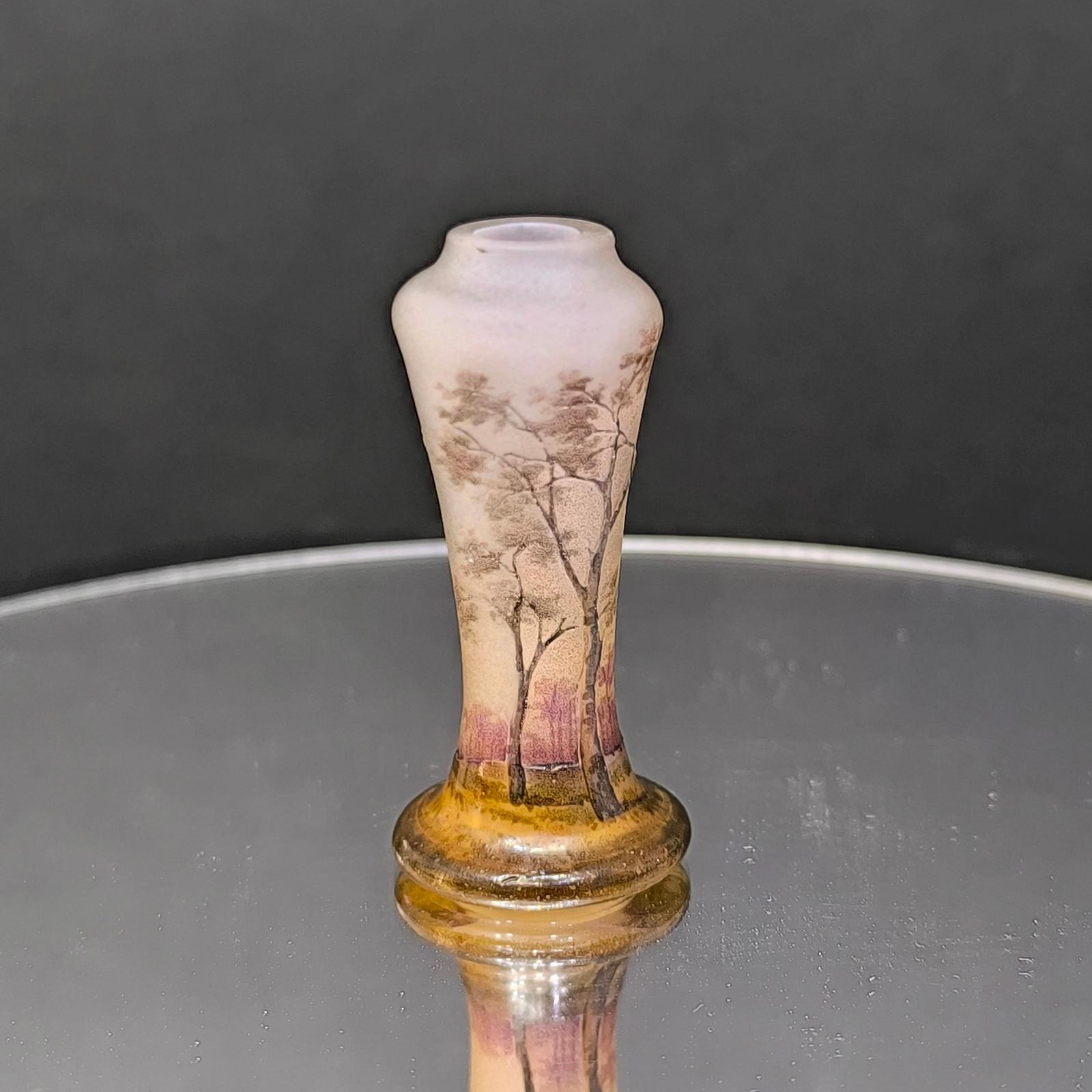 Daum Nancy, Miniature Birch Scenic, Enamel and Cameo Glass Vase, France 1900s For Sale 2