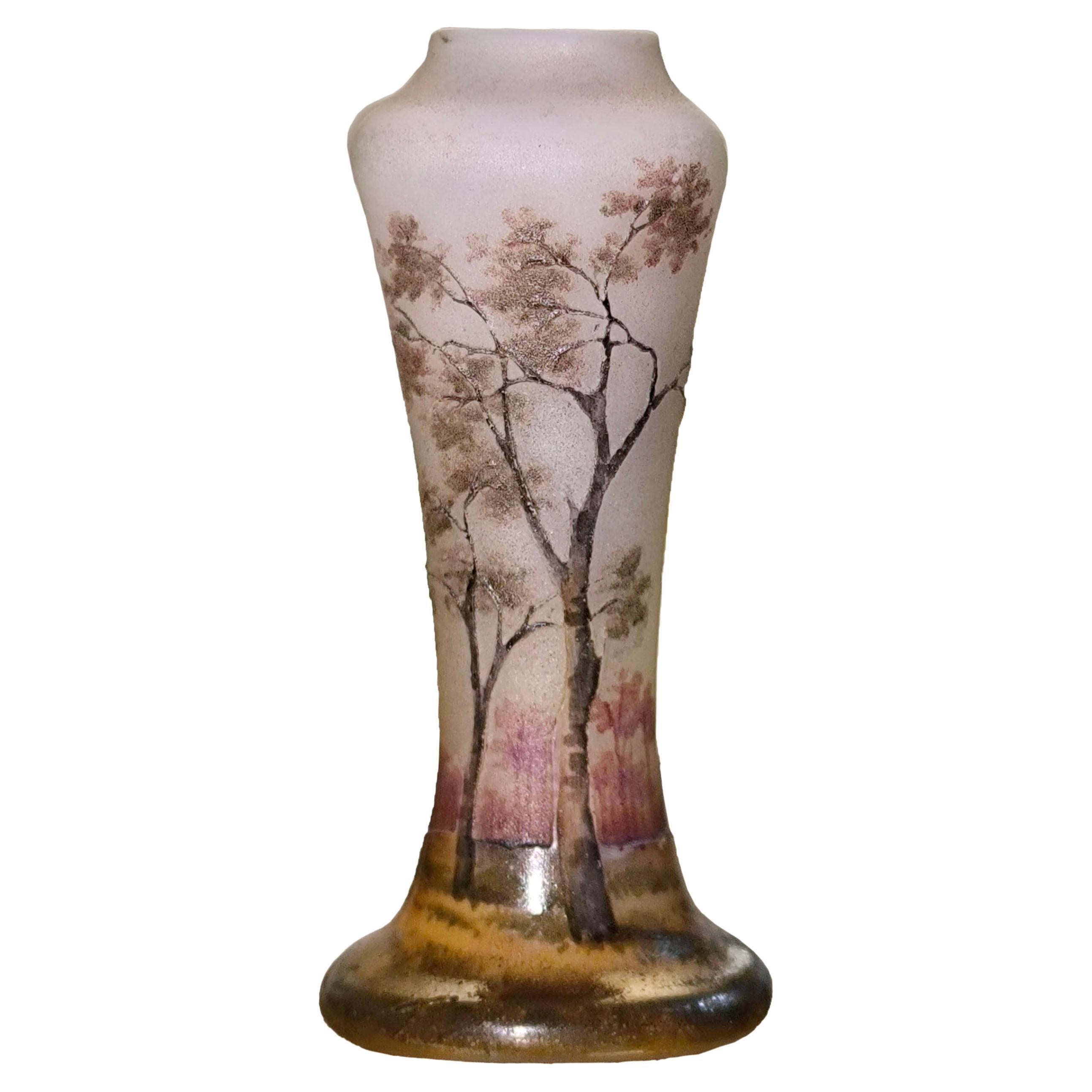 Daum Nancy, Miniature Birch Scenic, Enamel and Cameo Glass Vase, France 1900s For Sale
