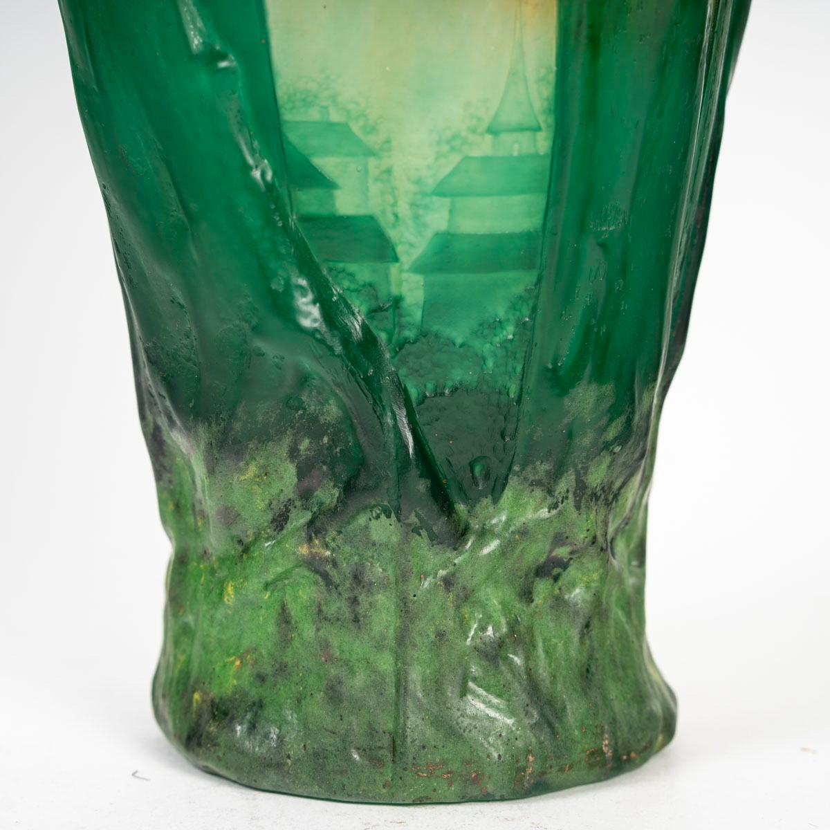 Art Glass Daum Nancy - Molded Blown Vase Decorated With Trees And Landscape, Art Nouveau For Sale